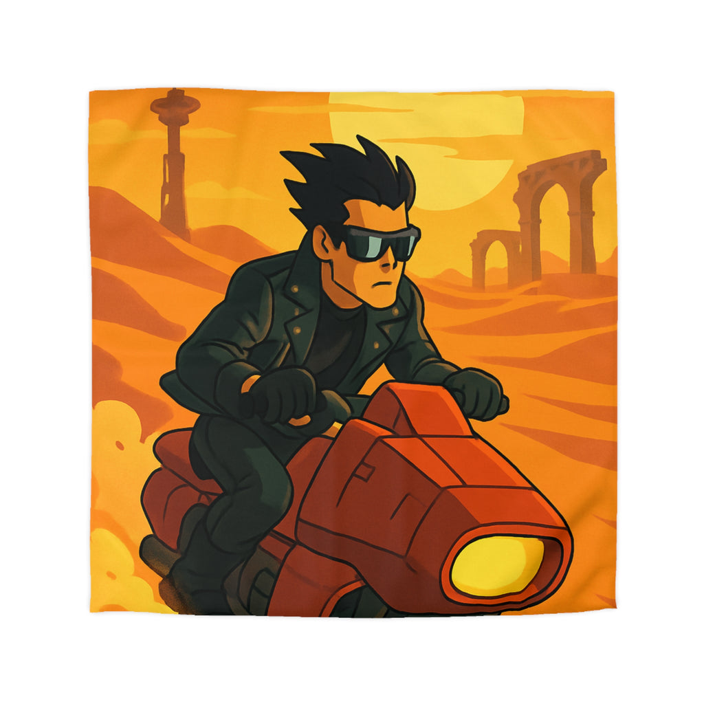 Housse de couette moto futuriste sur désert orangé avec soleil couchant et ruines