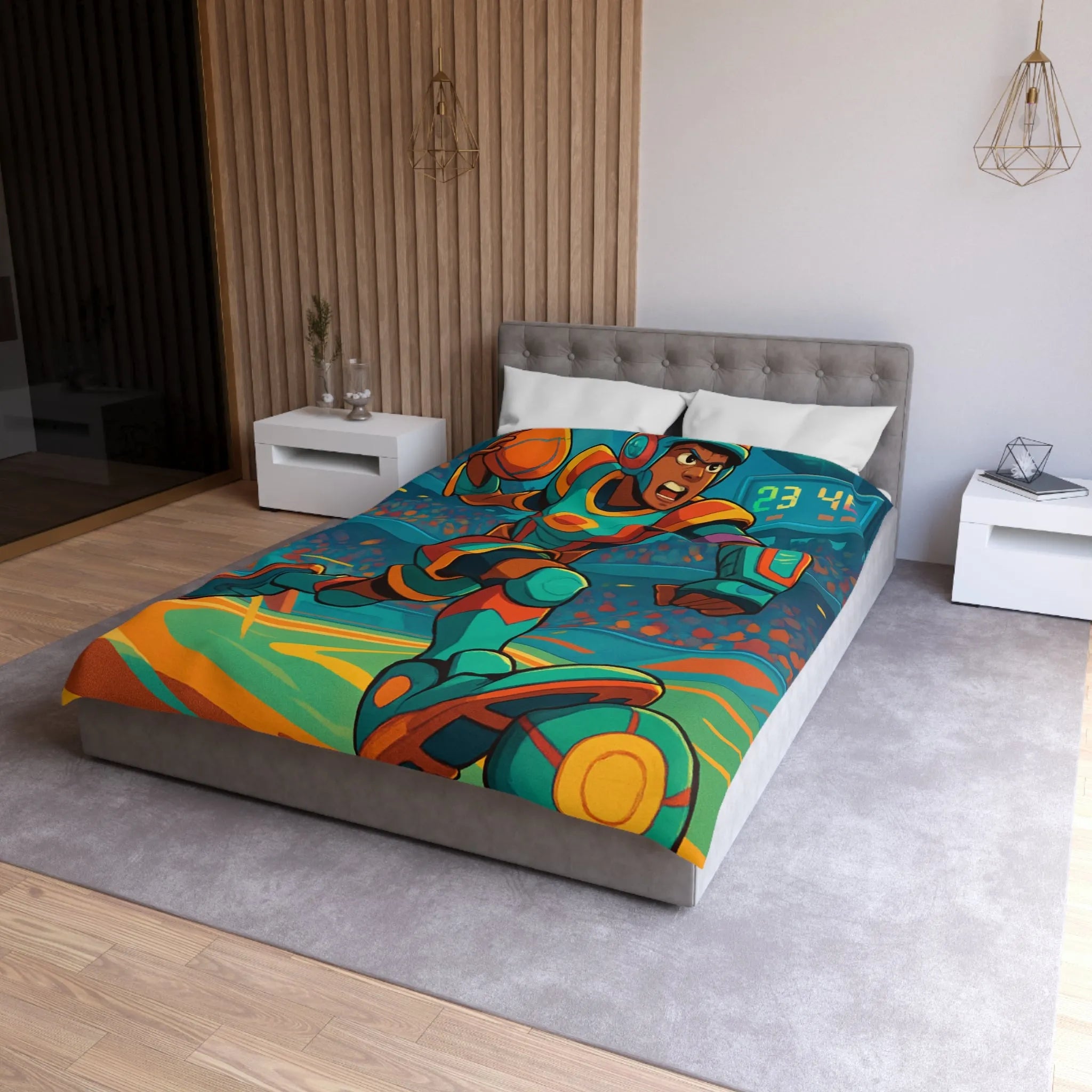 Housse de couette colorée avec joueur futuriste en action dans un stade dynamique