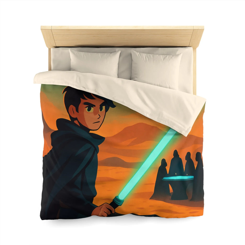 Épique scène de science-fiction avec héros sabre lumineux et vaisseau spatial en arrière-plan