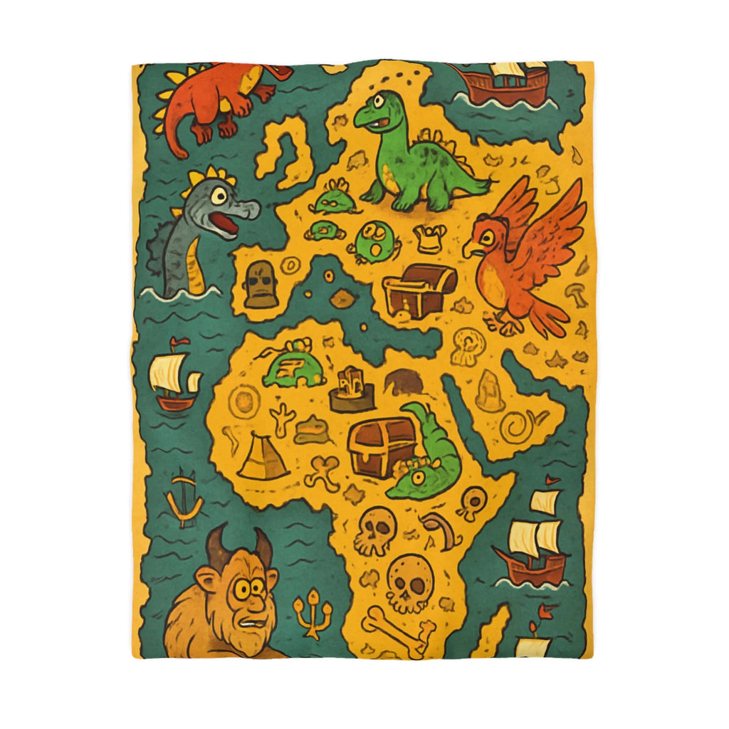 Housse de couette carte imaginaire avec dragons, dinosaures et trésors pour enfants aventuriers
