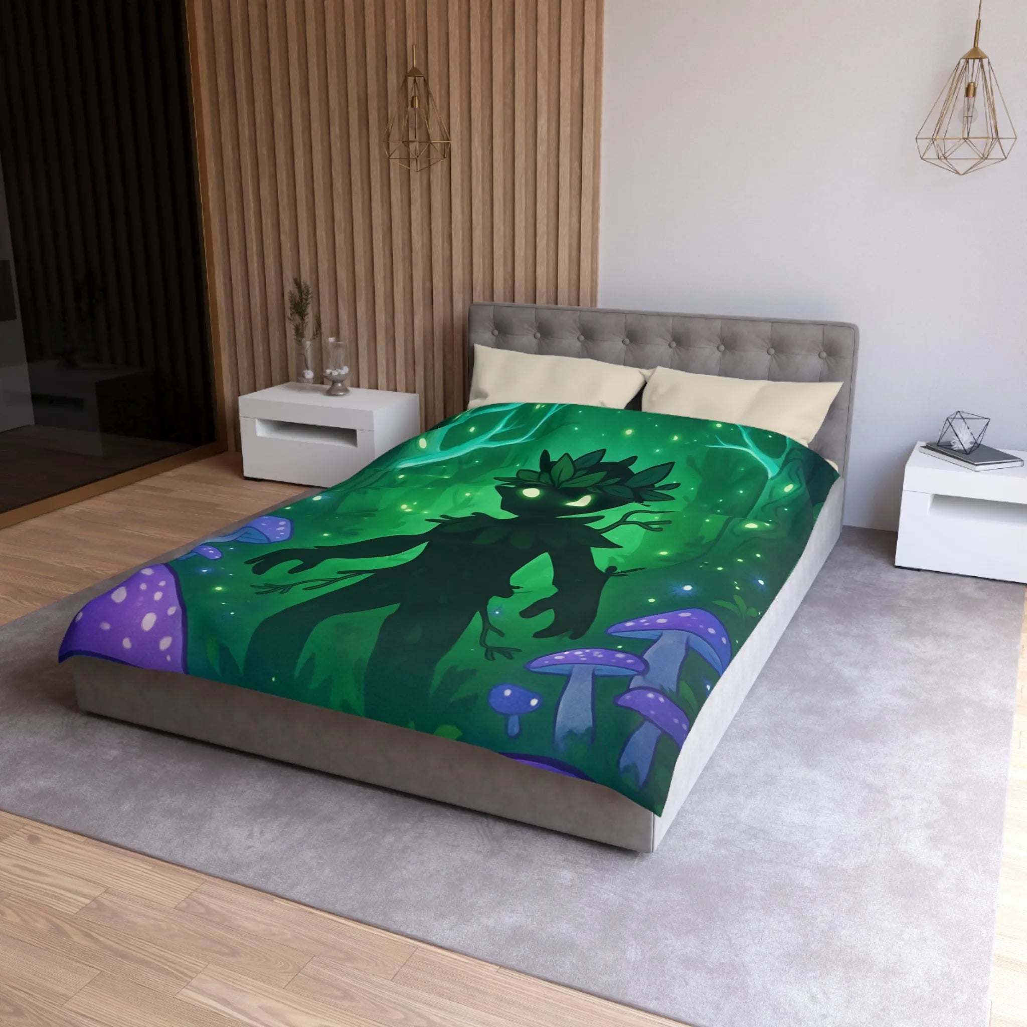 Housse de couette féerique avec créature forestière et champignons lumineux dans la nuit