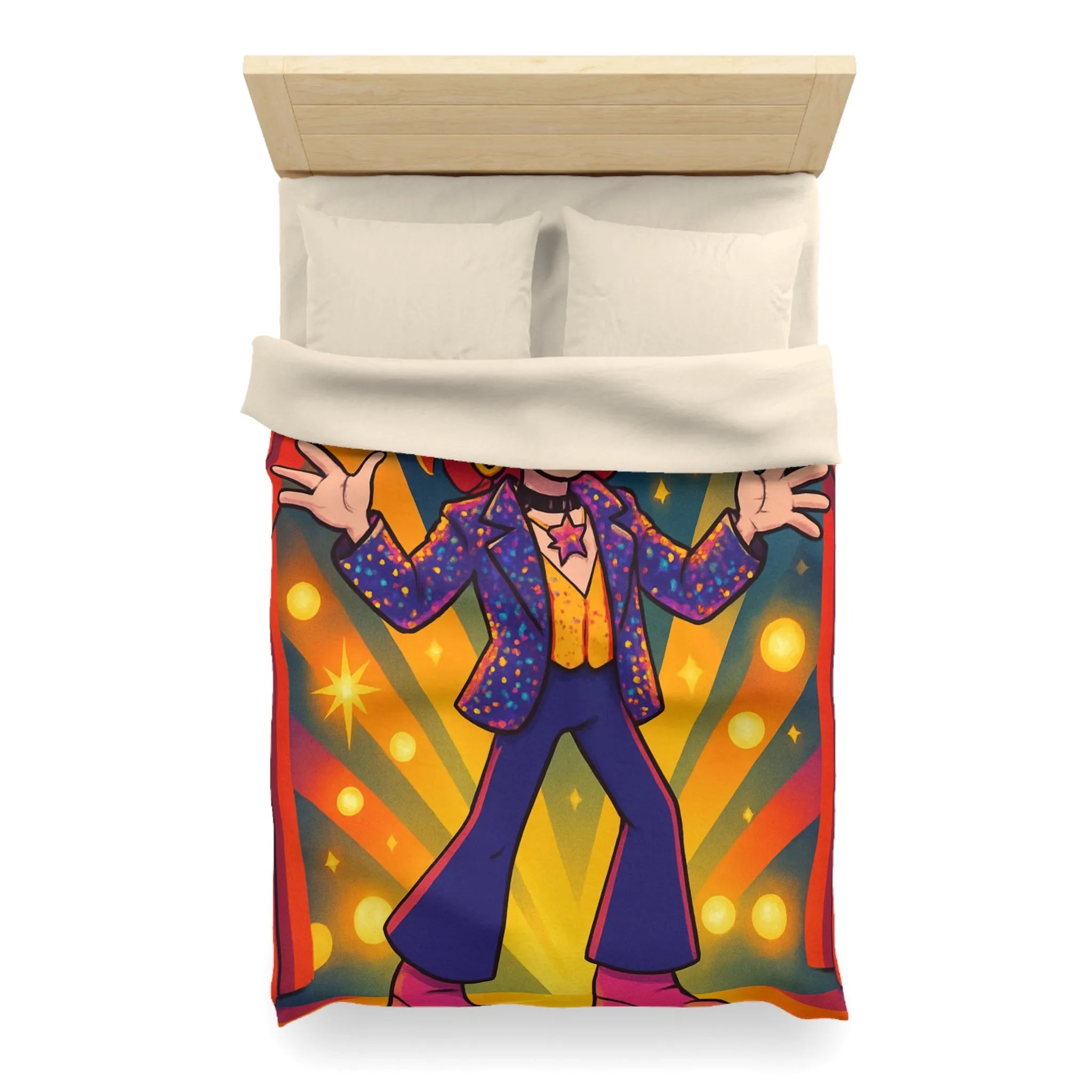 Housse de couette colorée avec personnage énergique sur scène, étoiles et rideaux rouges