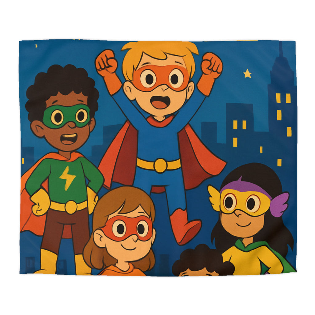Super-héros Enfants Volant Nuit Ciel Étoilé Ville Amis Confiants Housse de Couette Colorée