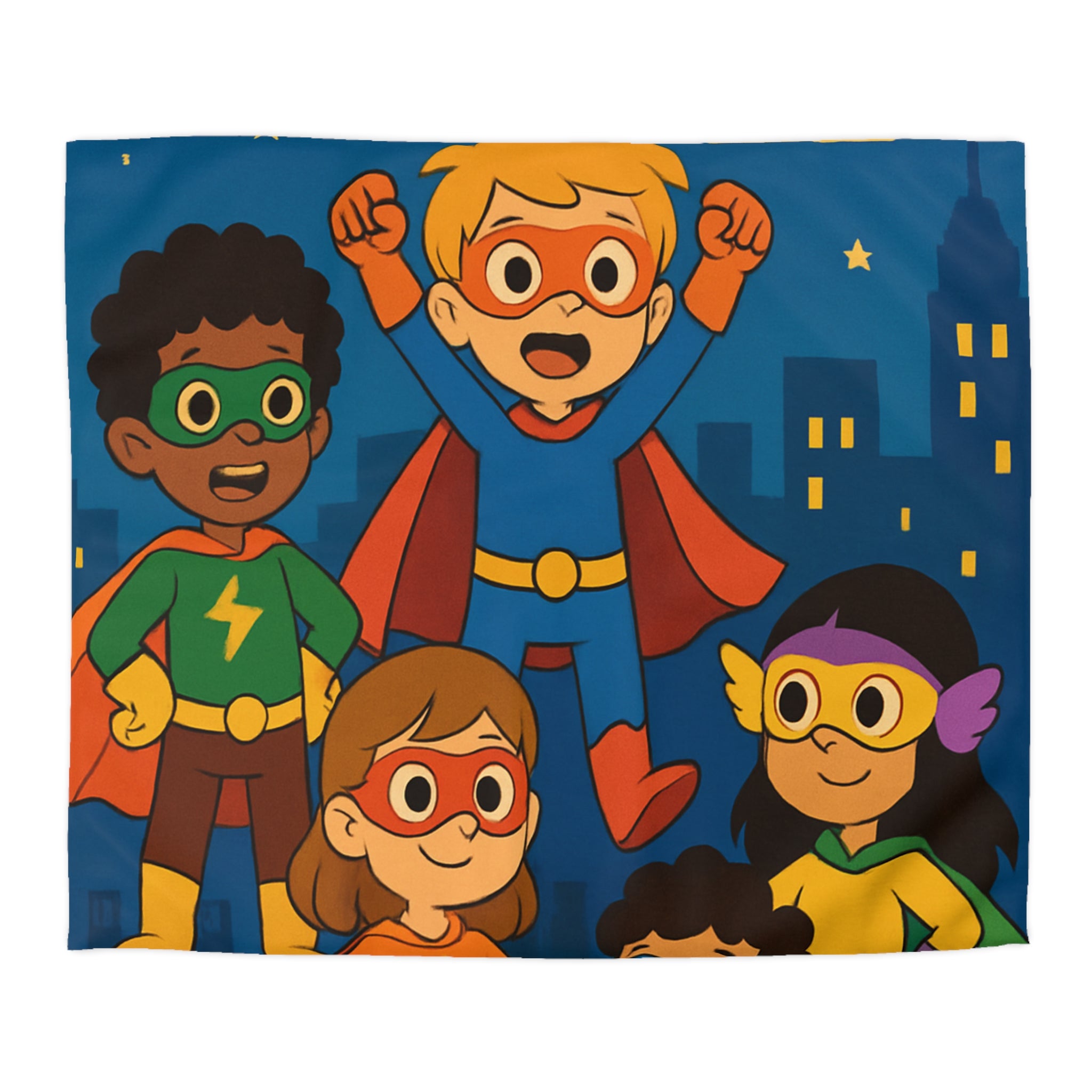 Super-héros Enfants Volant Nuit Ciel Étoilé Ville Amis Confiants Housse de Couette Colorée