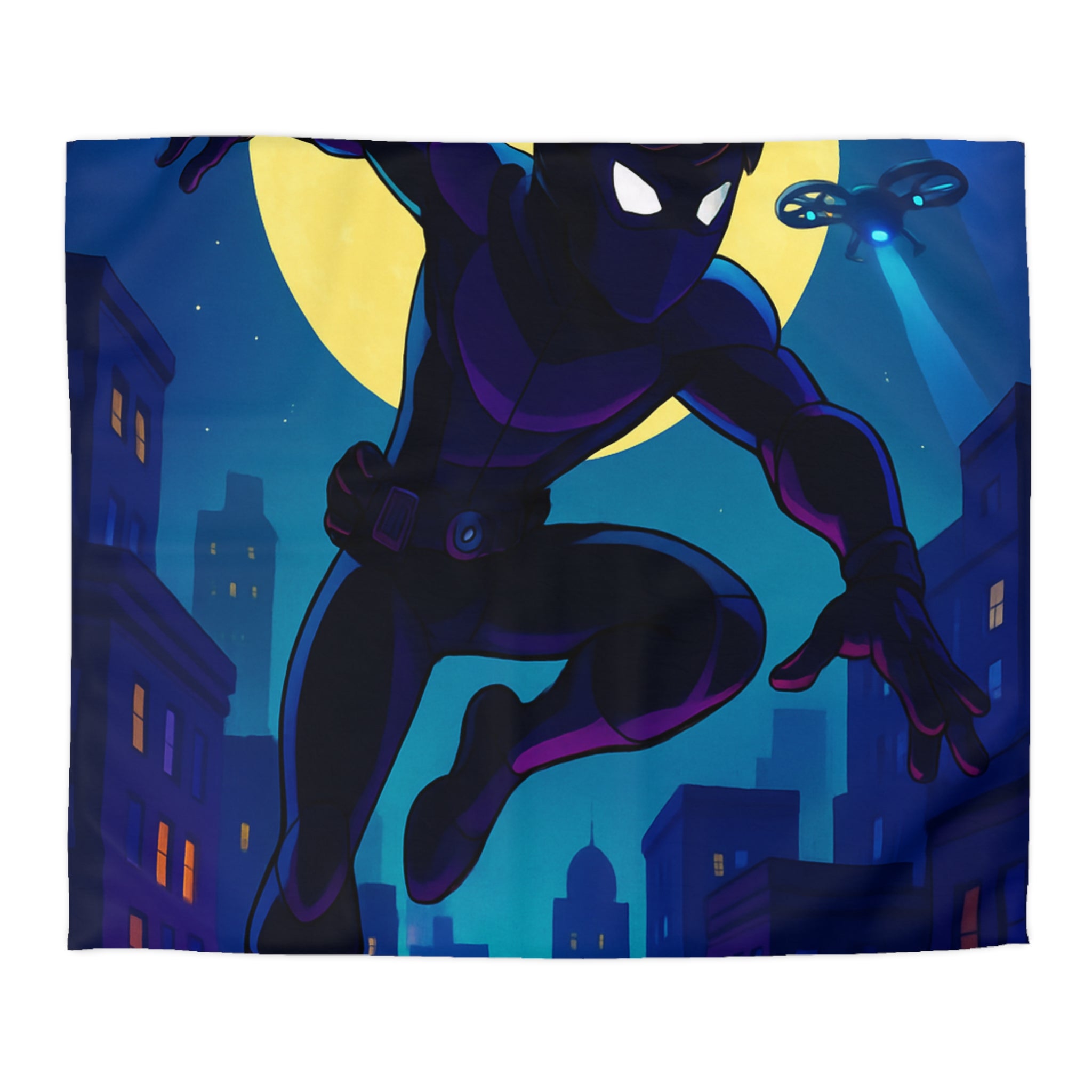 Housse de couette super-héros noir sautant devant une pleine lune et des drones urbains