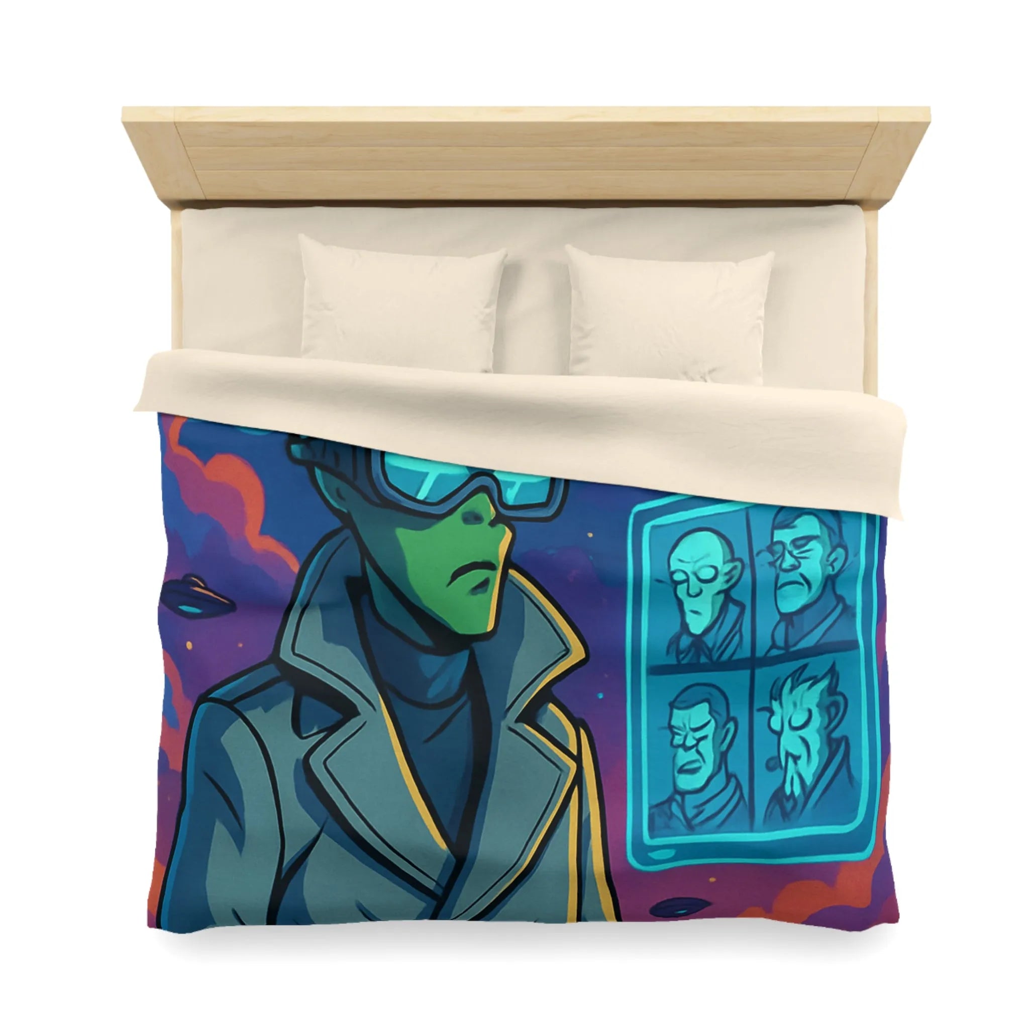 Housse de Couette Futuriste avec Alien et OVNIs, Style Bande Dessinée Colorée Science-Fiction