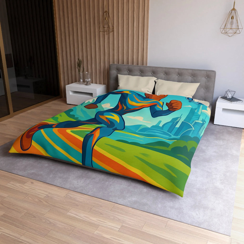 Housse de couette colorée pour chambre futuriste avec coureur et drones volants