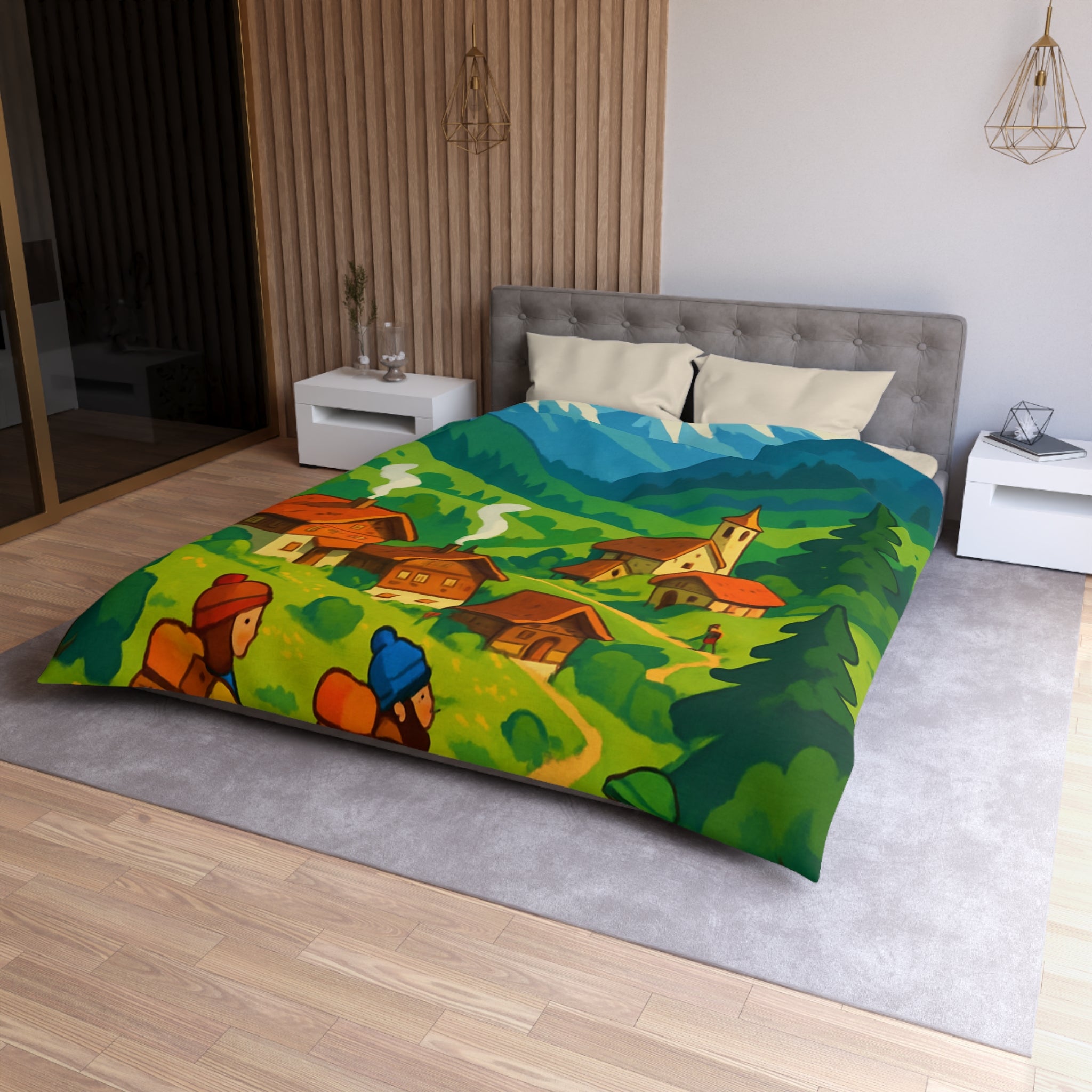 Housse de Couette Montagne avec Aventureurs, Chalets et Paysage Montagnard Enneigé