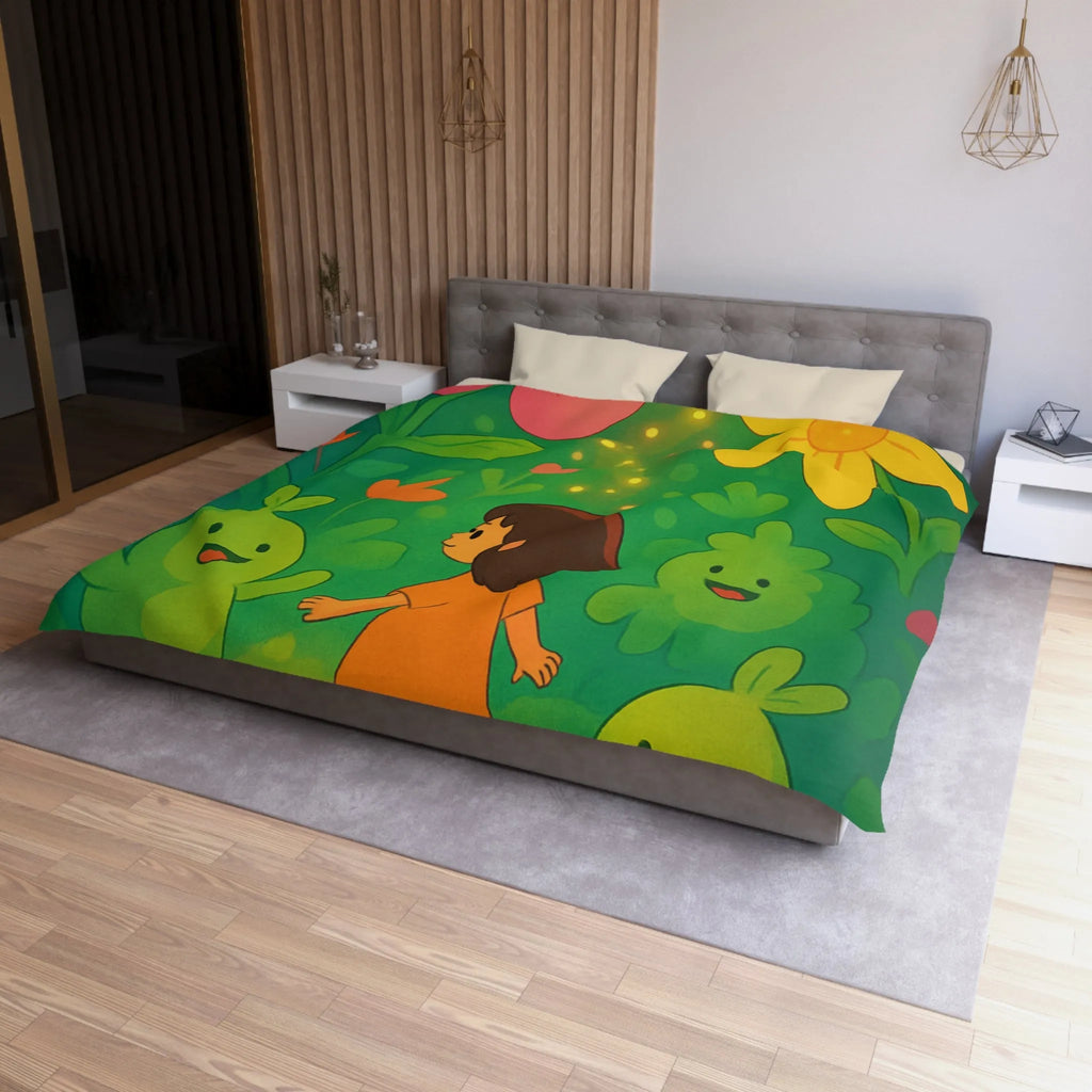 Housse de couette enfant avec fleurs colorées et créatures joyeuses dans forêt magique