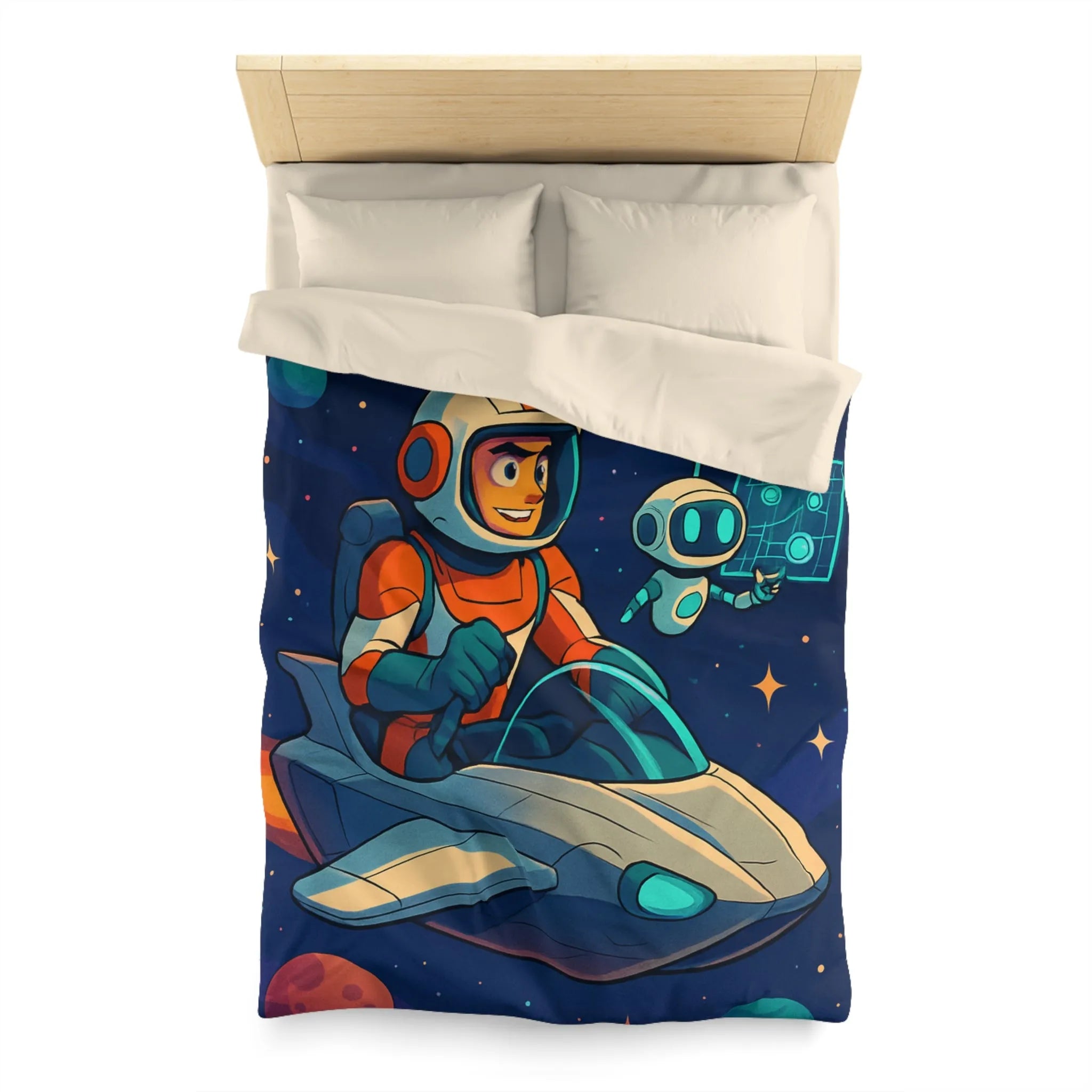 Housse De Couette Espace Enfant Avec Astronaute Et Petit Robot Amical Dessin Animé