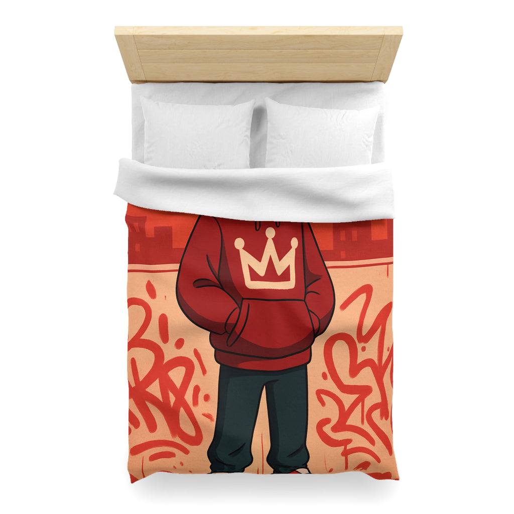 Housse de couette urbaine rouge avec motif couronne et graffiti artistique moderne