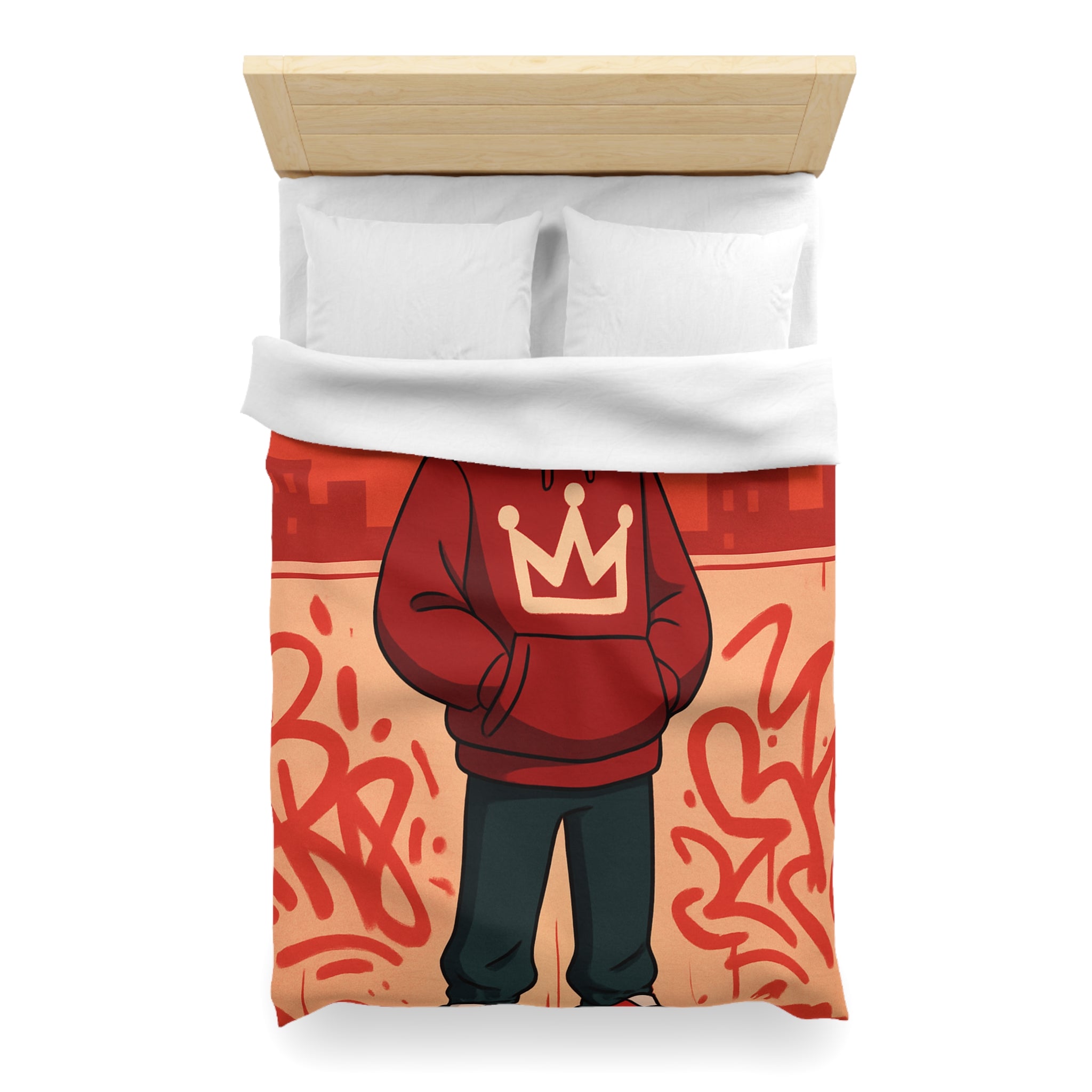 Housse de couette urbaine rouge avec motif couronne et graffiti artistique moderne