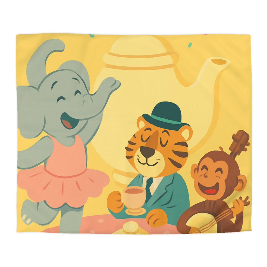 Housse de couette enfantine colorée avec éléphant, tigre et singe en fête joyeuse