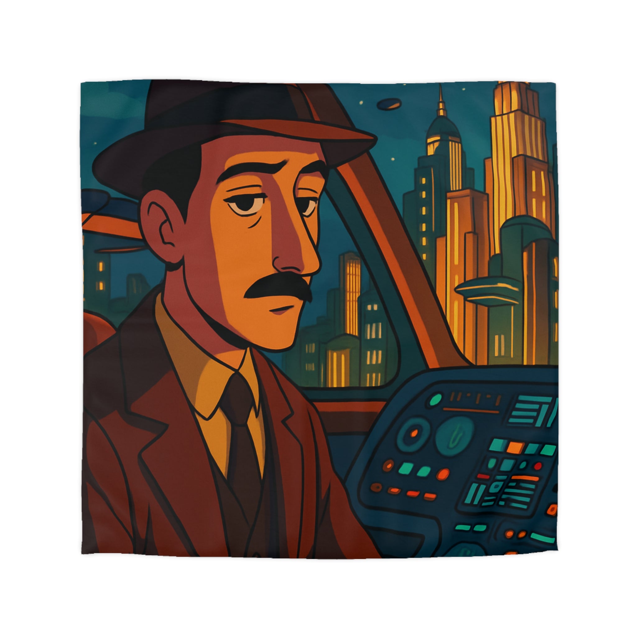Housse de couette rétro-futuriste avec illustration de ville et pilote dans vaisseau