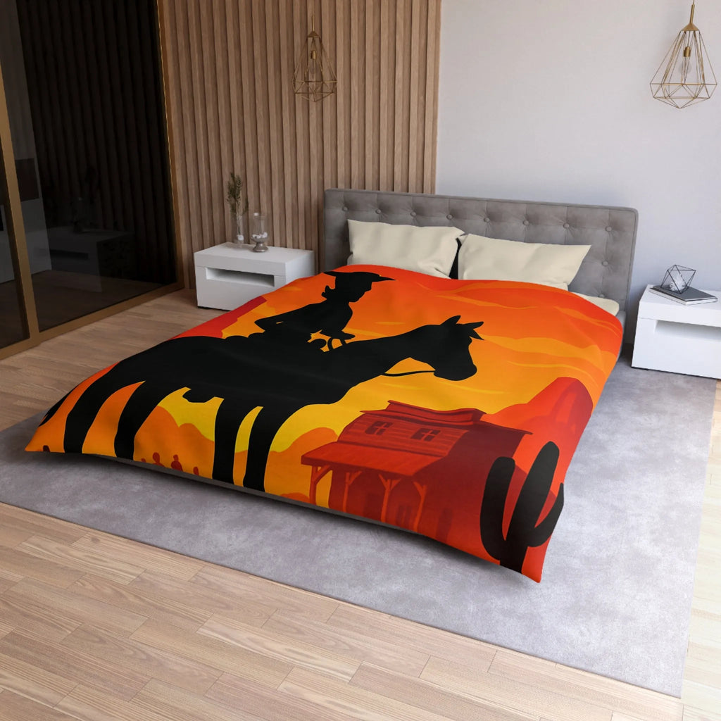 Housse de couette Far West cavalier cheval silhouette coucher de soleil scène désertique