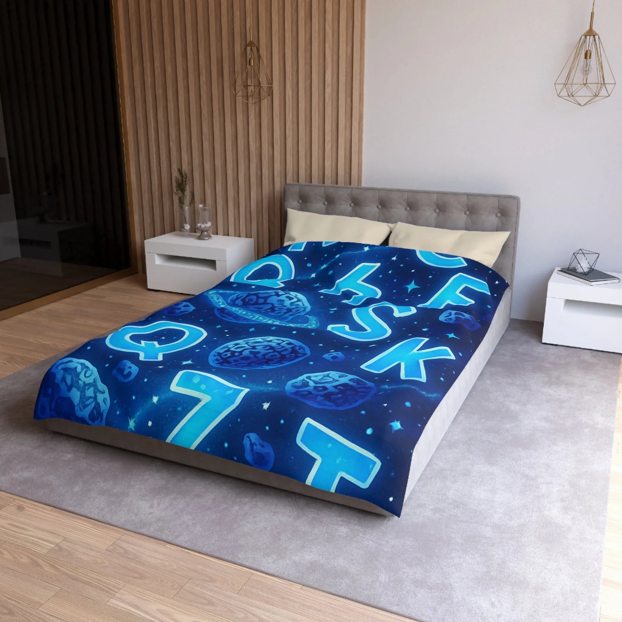 Alphabet bleuté interstellaire sur housse de couette planètes et étoiles pour décoration spatiale