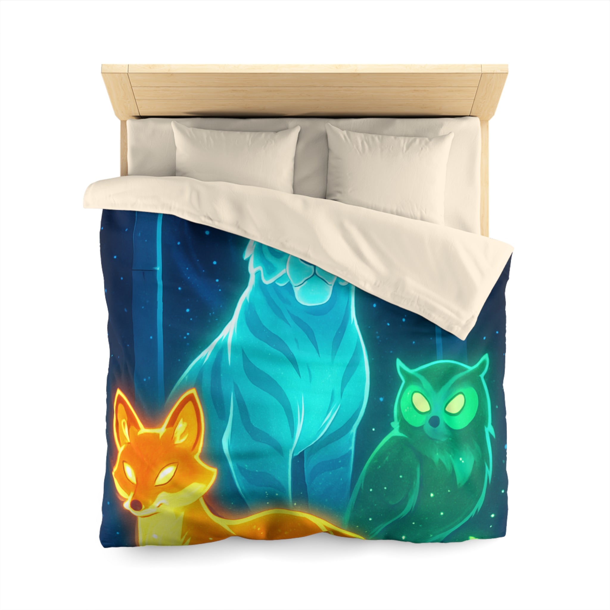 Mystérieuse housse de couette avec renard orange, tigre bleu, et hibou lumineux