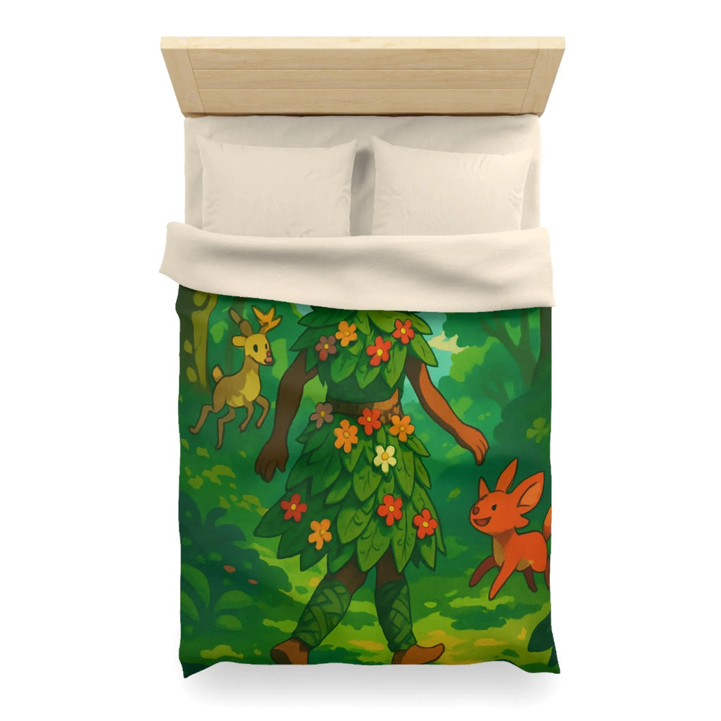 Housse de couette forêt enchantée avec créatures et personnage naturel aux couleurs vibrantes