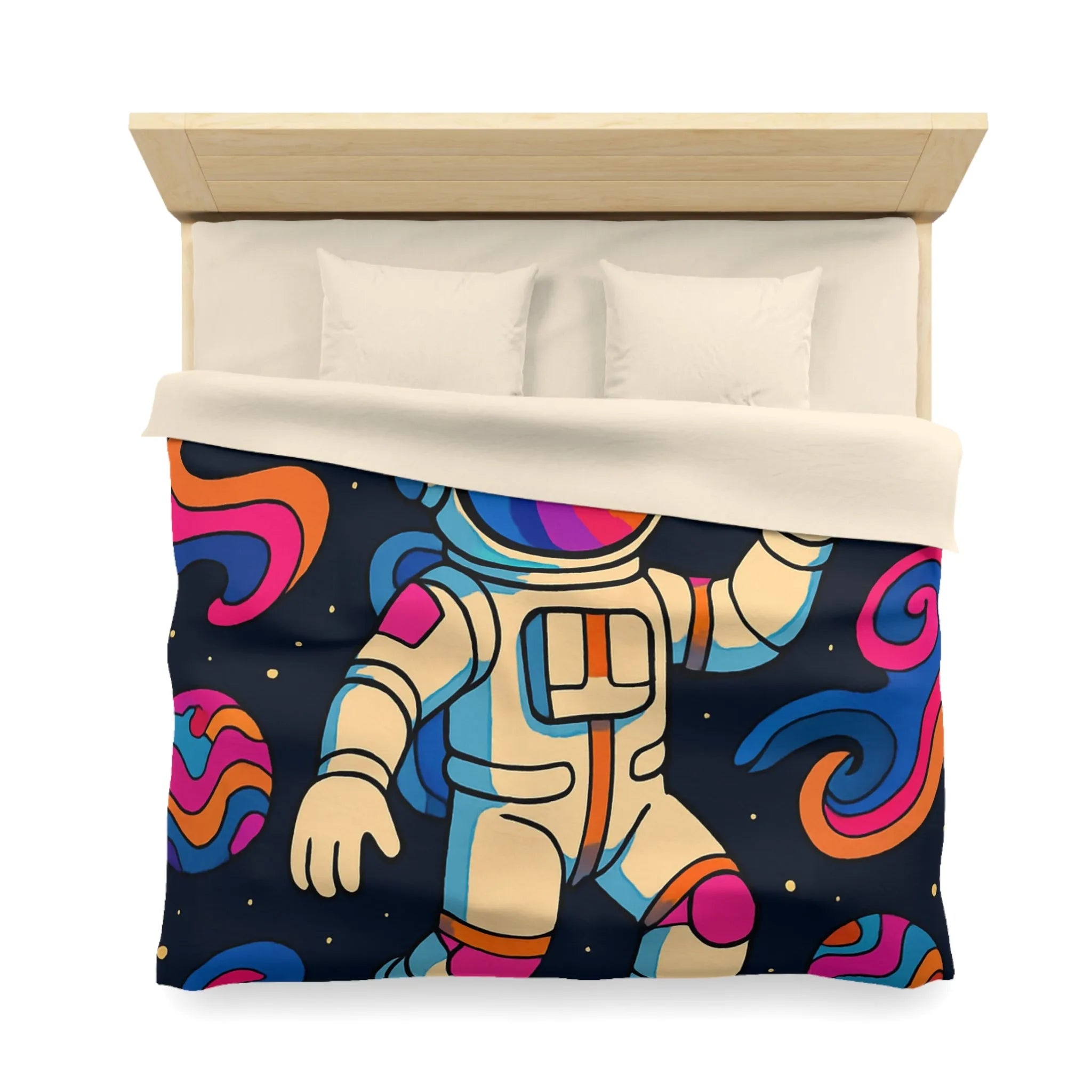 Housse de Couette Astronaute Psychédélique dans l’Espace avec Planètes Colorées et Fusées