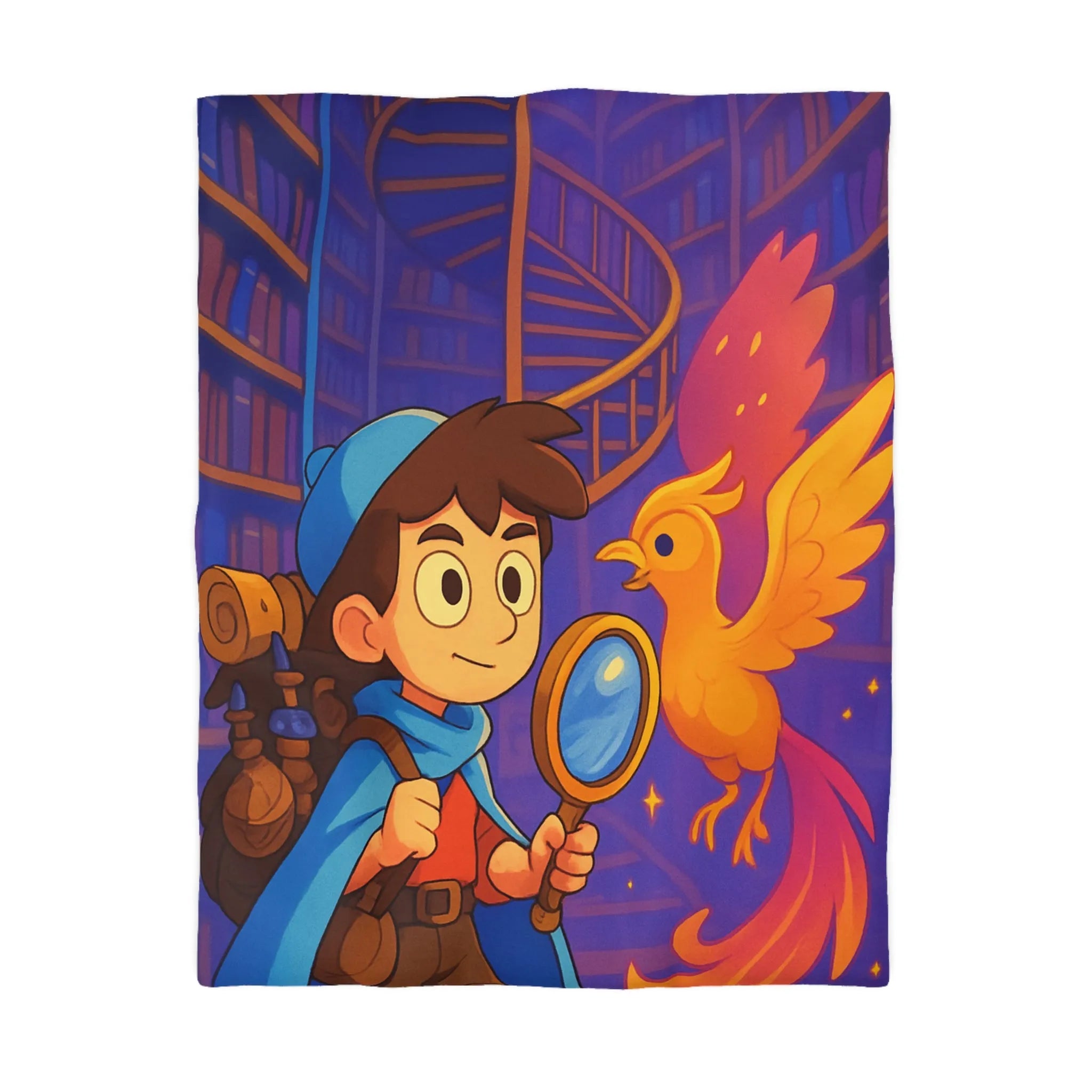 Housse de couette magique avec détective et phénix dans une bibliothèque enchanteresse