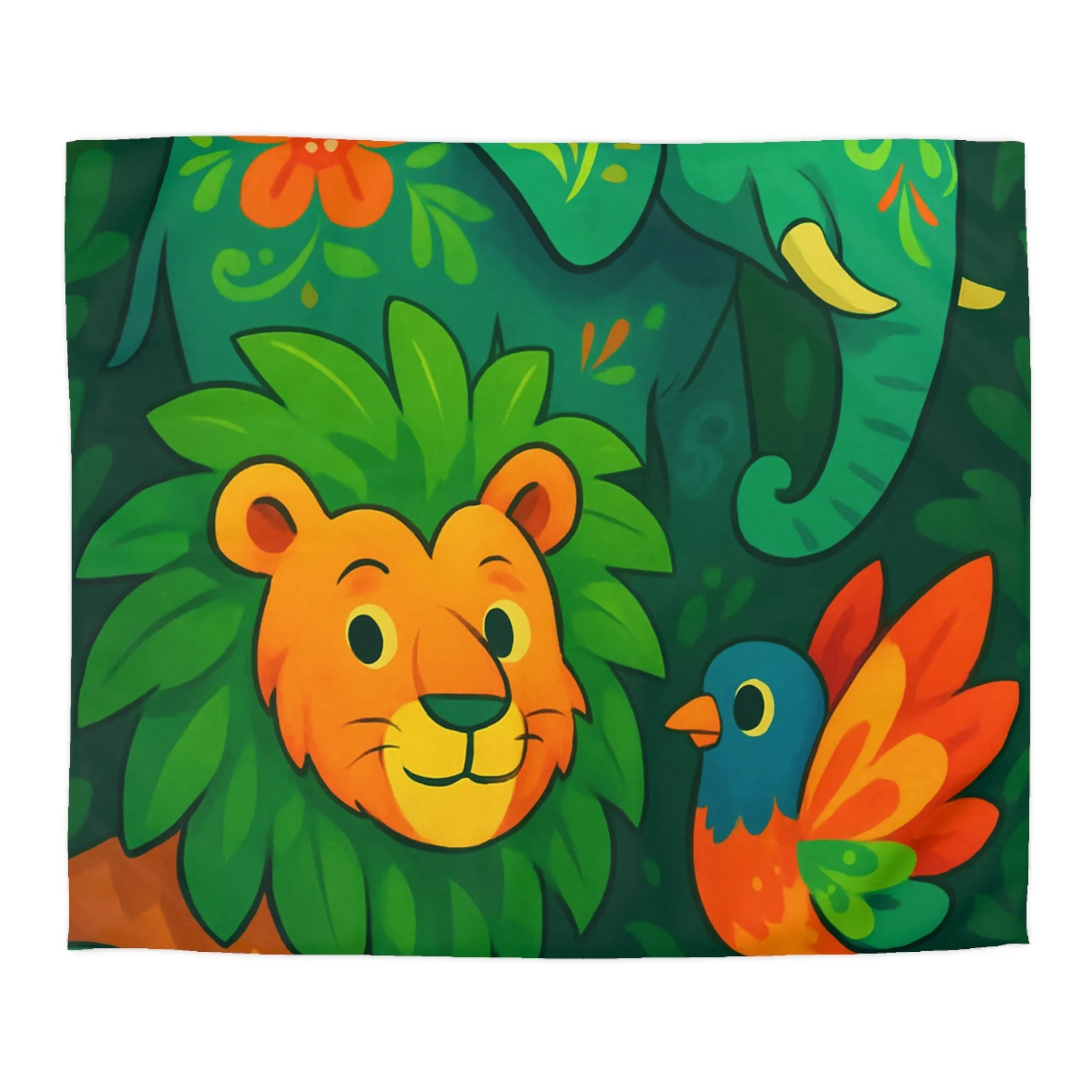 Housse de couette jungle colorée avec éléphant lion et oiseau tropical pour enfants