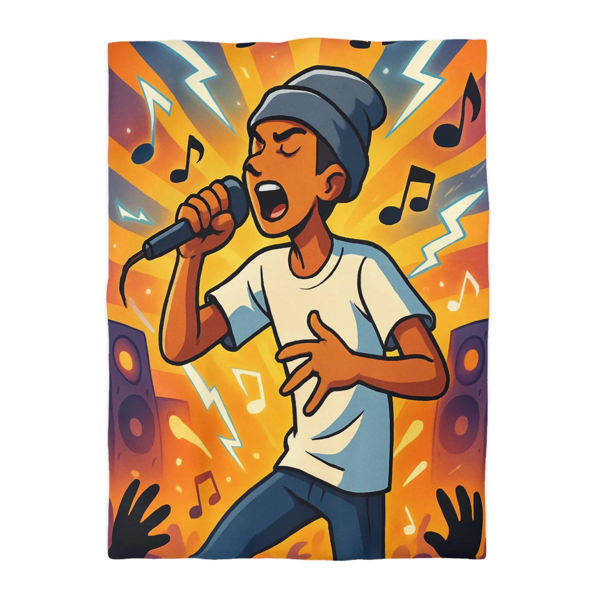 Housse de couette ambiance concert urbain avec chanteur et éclairs musicaux colorés