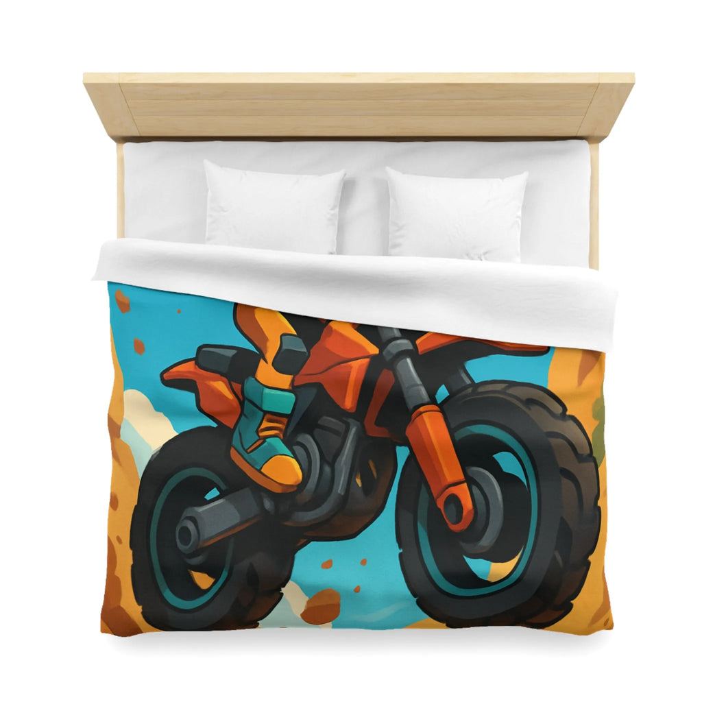 Housse de couette enfant motocross orange avec paysage montagneux et ciel bleu vif