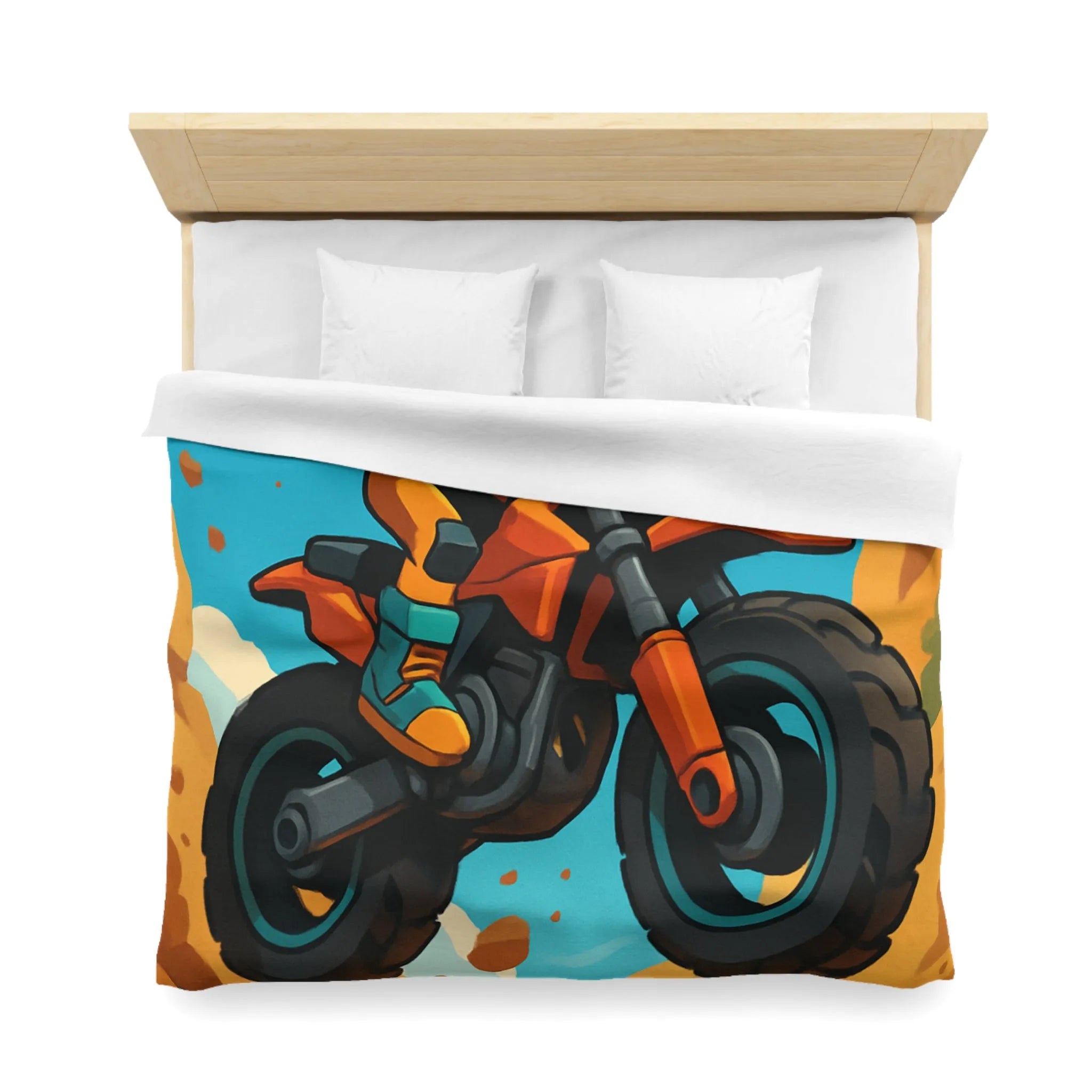 Housse de couette enfant motocross orange avec paysage montagneux et ciel bleu vif