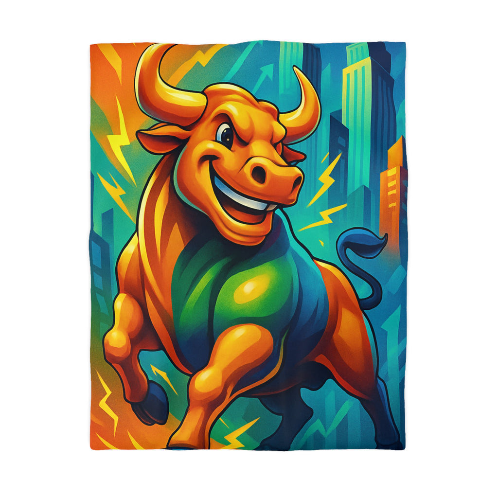 Illustration dynamique d'un taureau énergique avec gratte-ciel modernes et flèches ascendantes