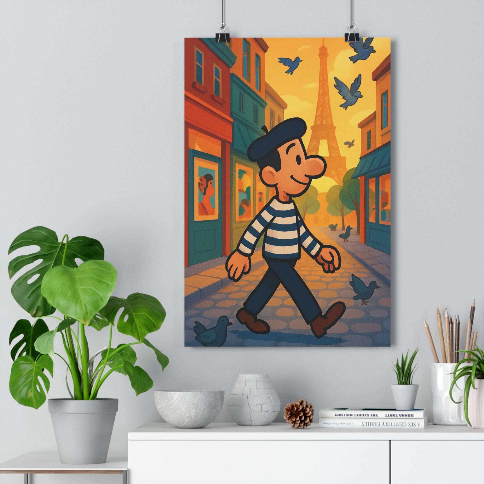 Poster décoratif parisien cartoon joyeux coloré chambre salon tour eiffel personnage pavé charme pigeons