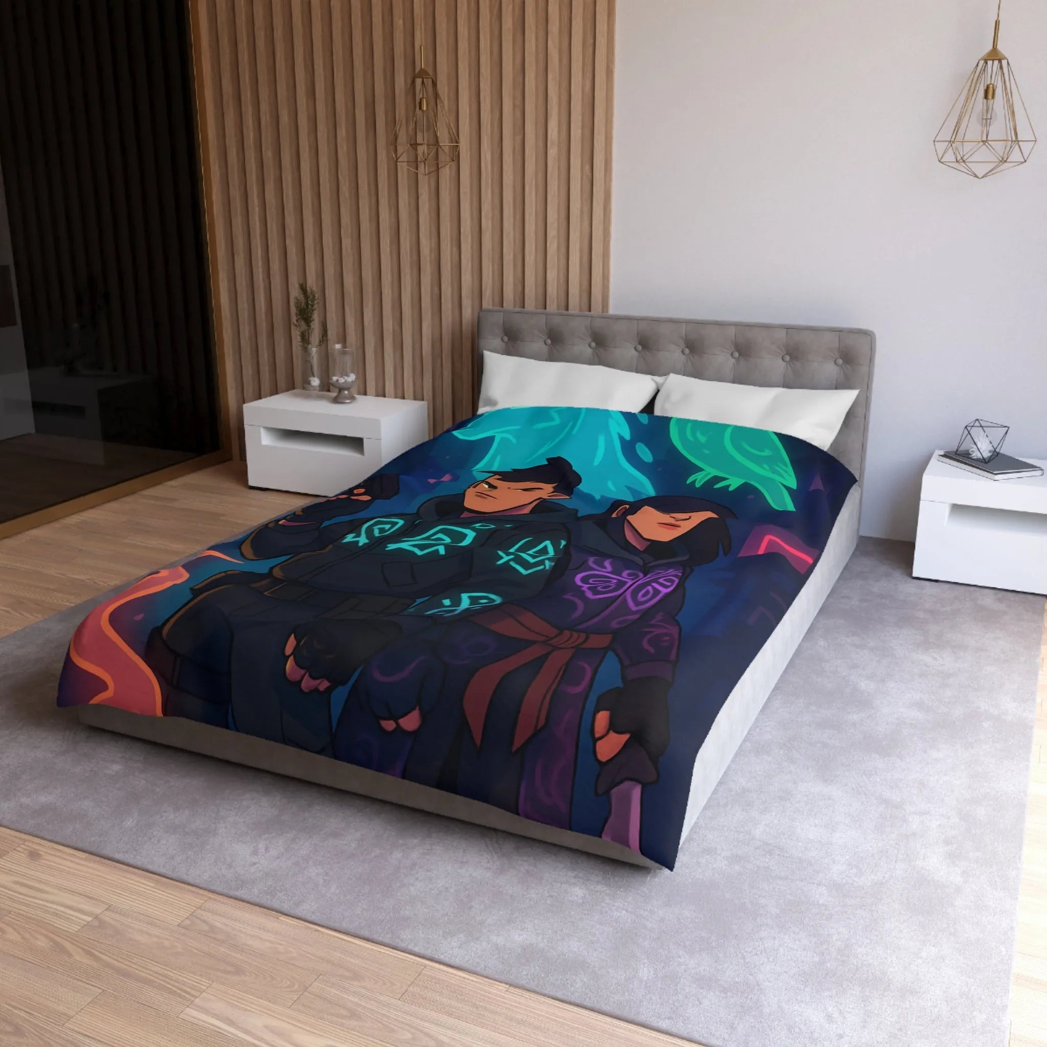 Housse de couette avec motifs mystiques de loup et hibou luminescents en néon urbain