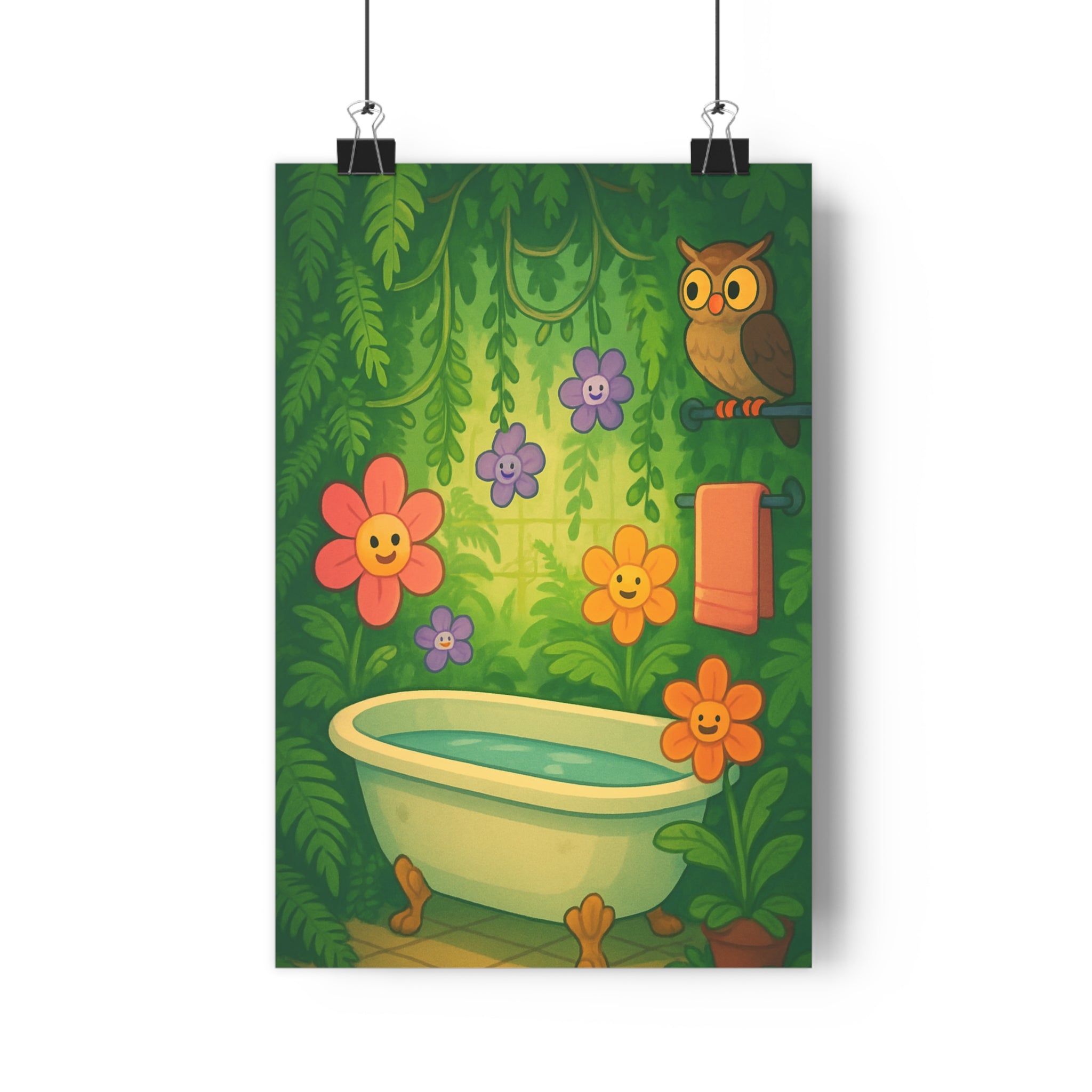 Poster décoratif botanique joyeux vert rose violet cartoon bain salle nature hibou ambiance qualité