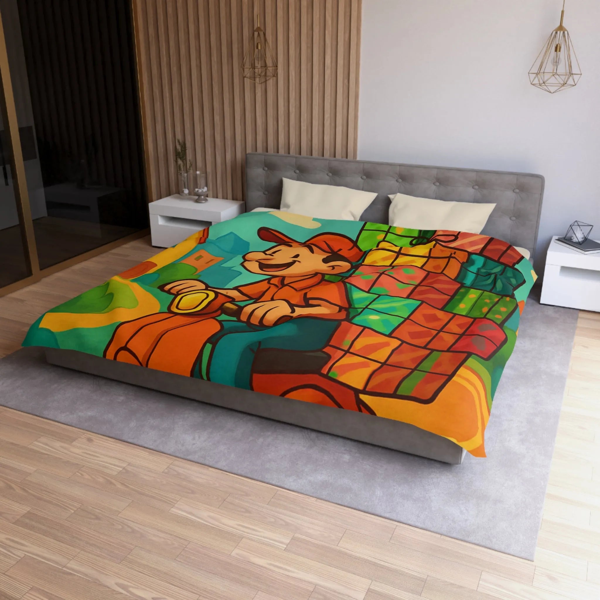 Housse de couette joyeuse avec livreur gai transportant des cadeaux colorés sur scooter