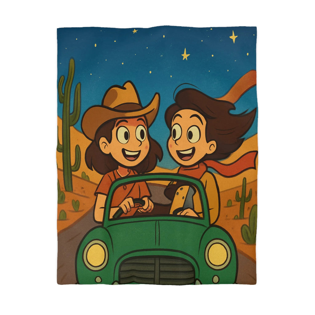 Ensemble Road Trip Enfants Désert Nuit Étoilée Voiture Verte Amusante Illustration Vintage