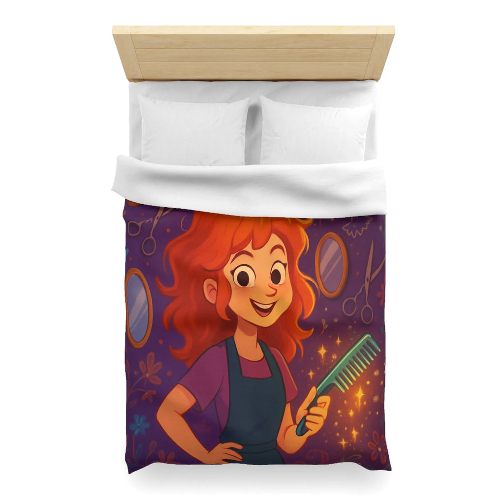 Housse de Couette Colorée avec Fille Rieuse et Ambiance Salon de Coiffure Magique