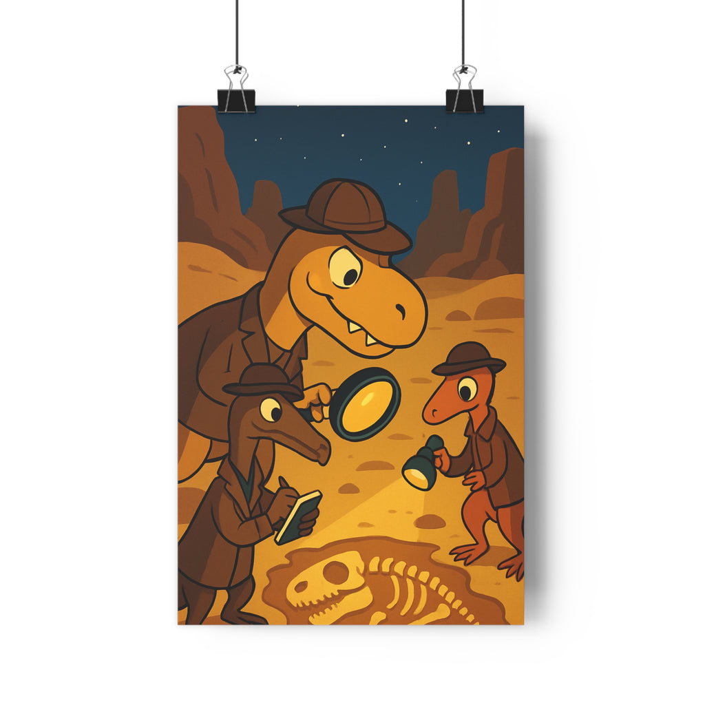 Poster décoratif cartoon dinosaures mystère nocturne désert étoilé ambiance enfant aventure chambre original unique