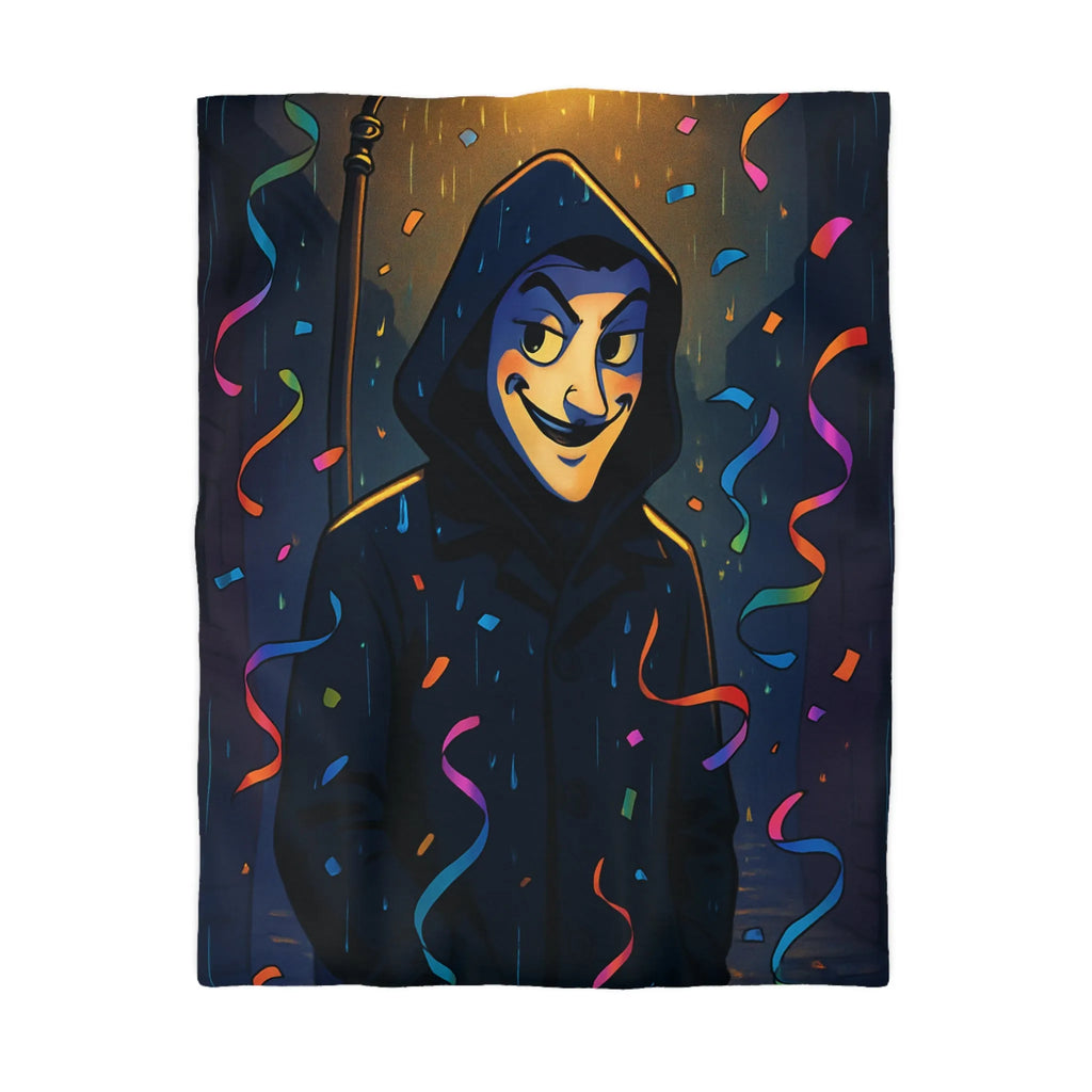 Housse de couette artistique joyeuse avec personnage mystérieux sous réverbère nocturne coloré