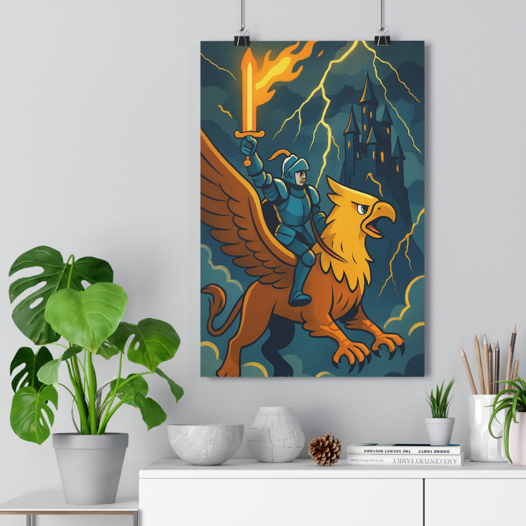 Poster décoratif épique chevaleresque bleu doré aventure chevalier épée griffon ciel château bureau qualité