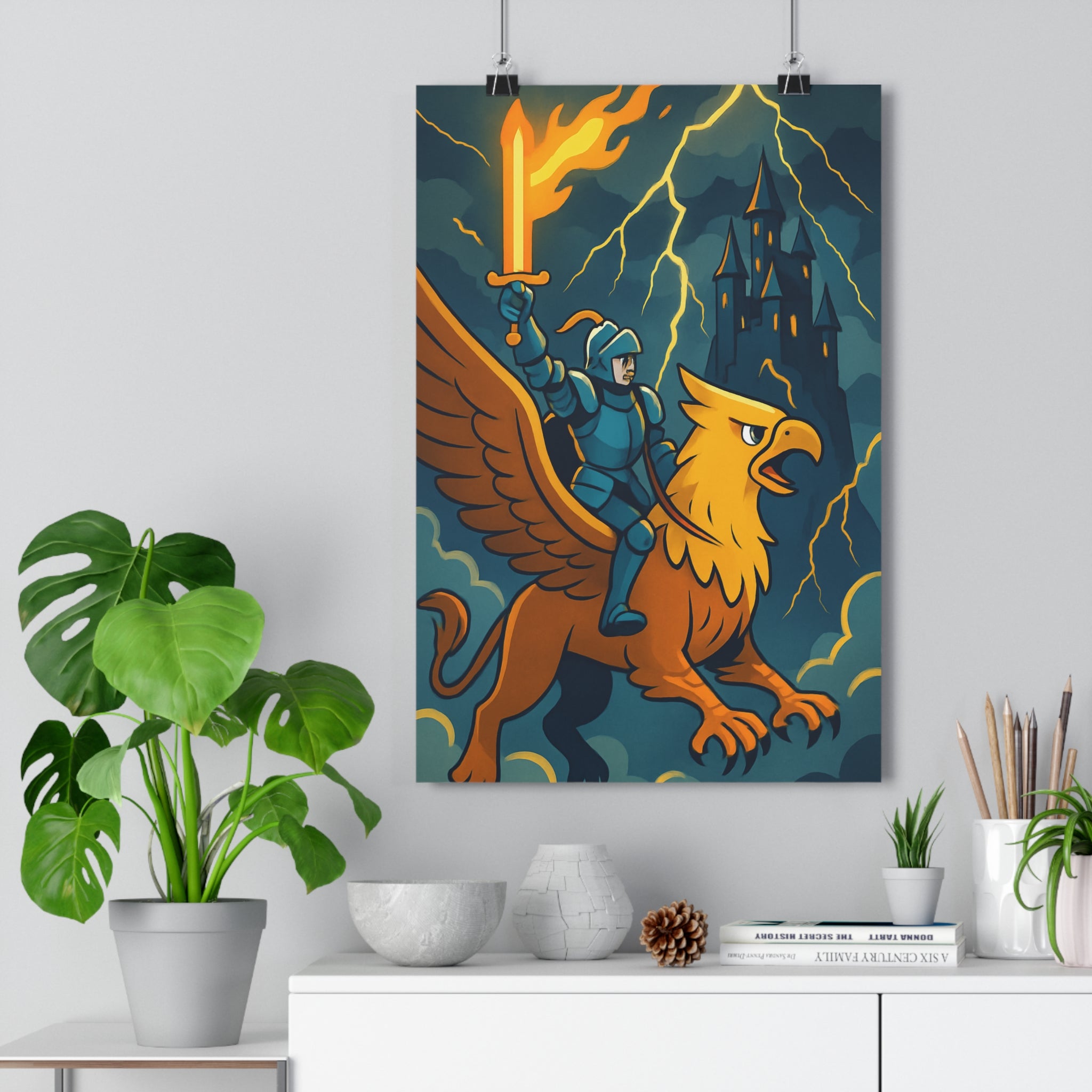 Poster décoratif épique chevaleresque bleu doré aventure chevalier épée griffon ciel château bureau qualité