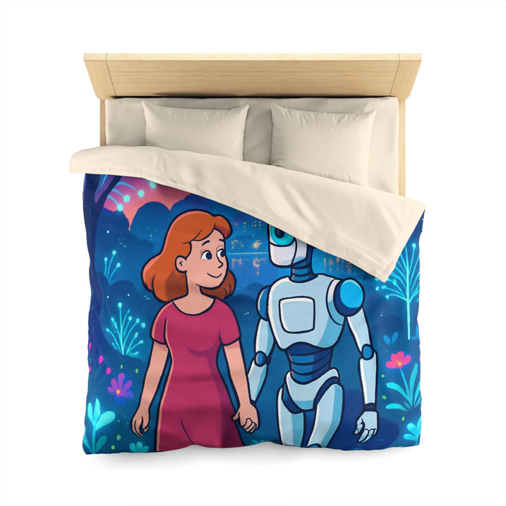 Housse de Couette Enchantée: Enfant et Robot dans un Univers Coloré et Futuriste