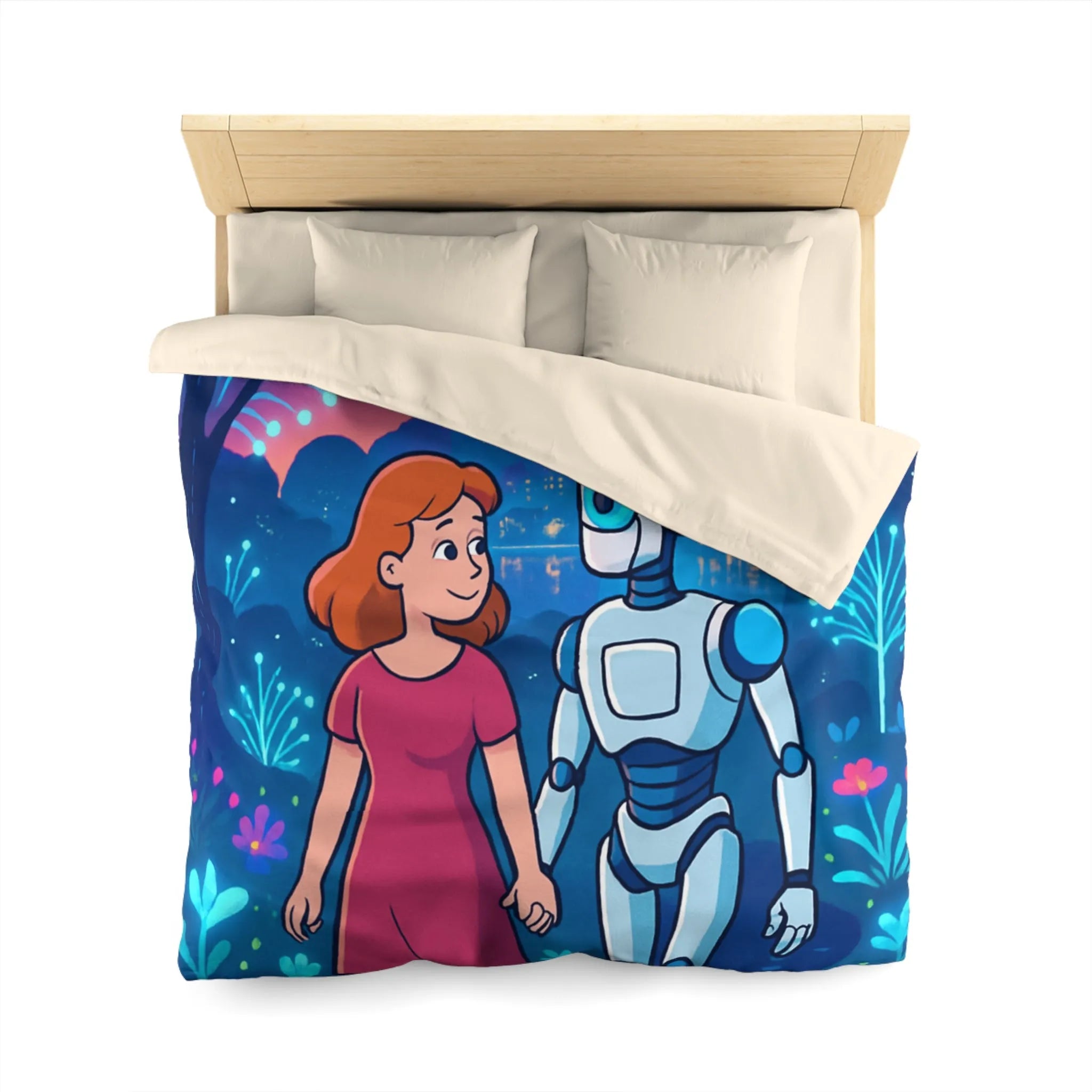 Housse de Couette Enchantée: Enfant et Robot dans un Univers Coloré et Futuriste