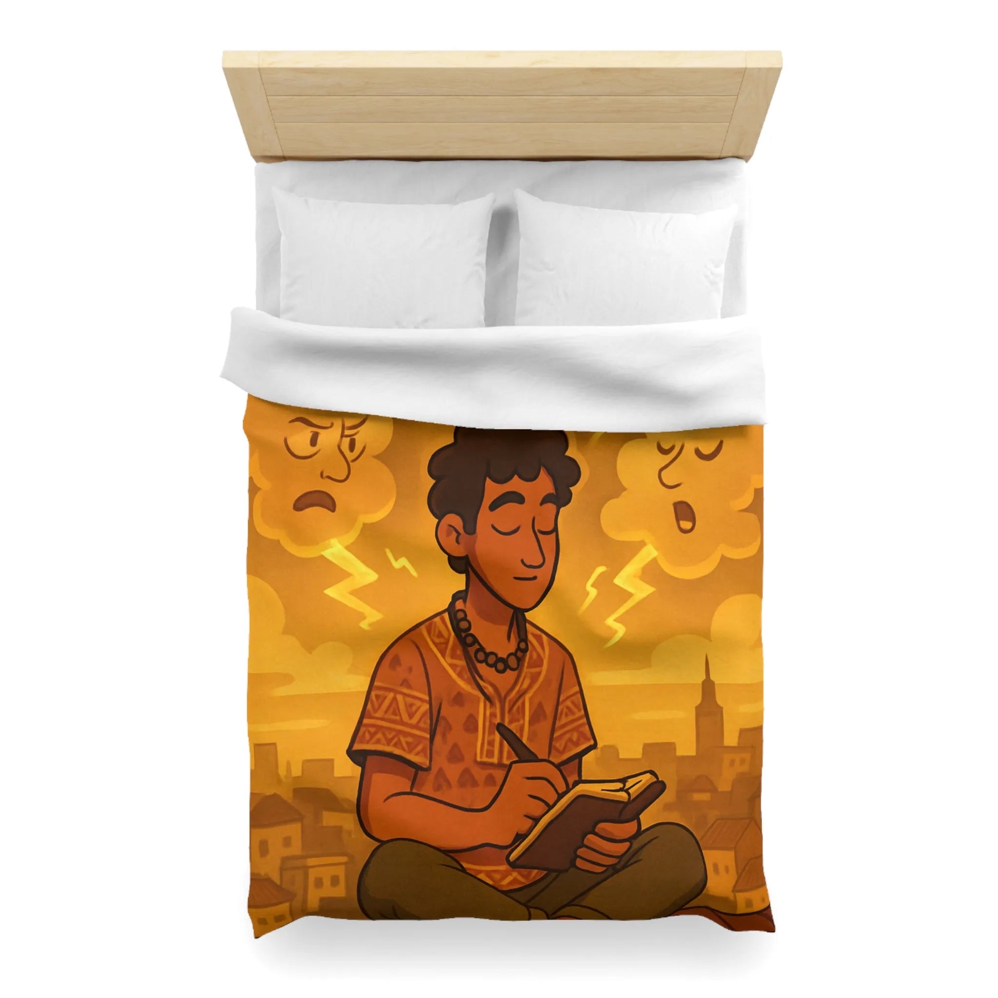 Housse de couette artistique avec motif méditatif, nuageux et expressions émotionnelles illustrées