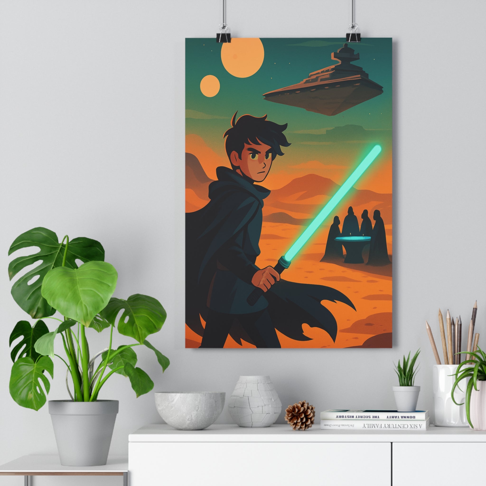 Poster décoratif futuriste dessin animé bleu orange mystique aventure salon chambre design lumineux élégant
