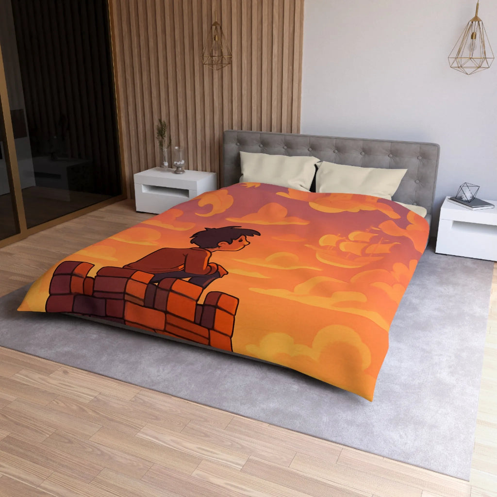 Housse de couette fantastique avec château, dragon et nuages pour enfants rêveurs