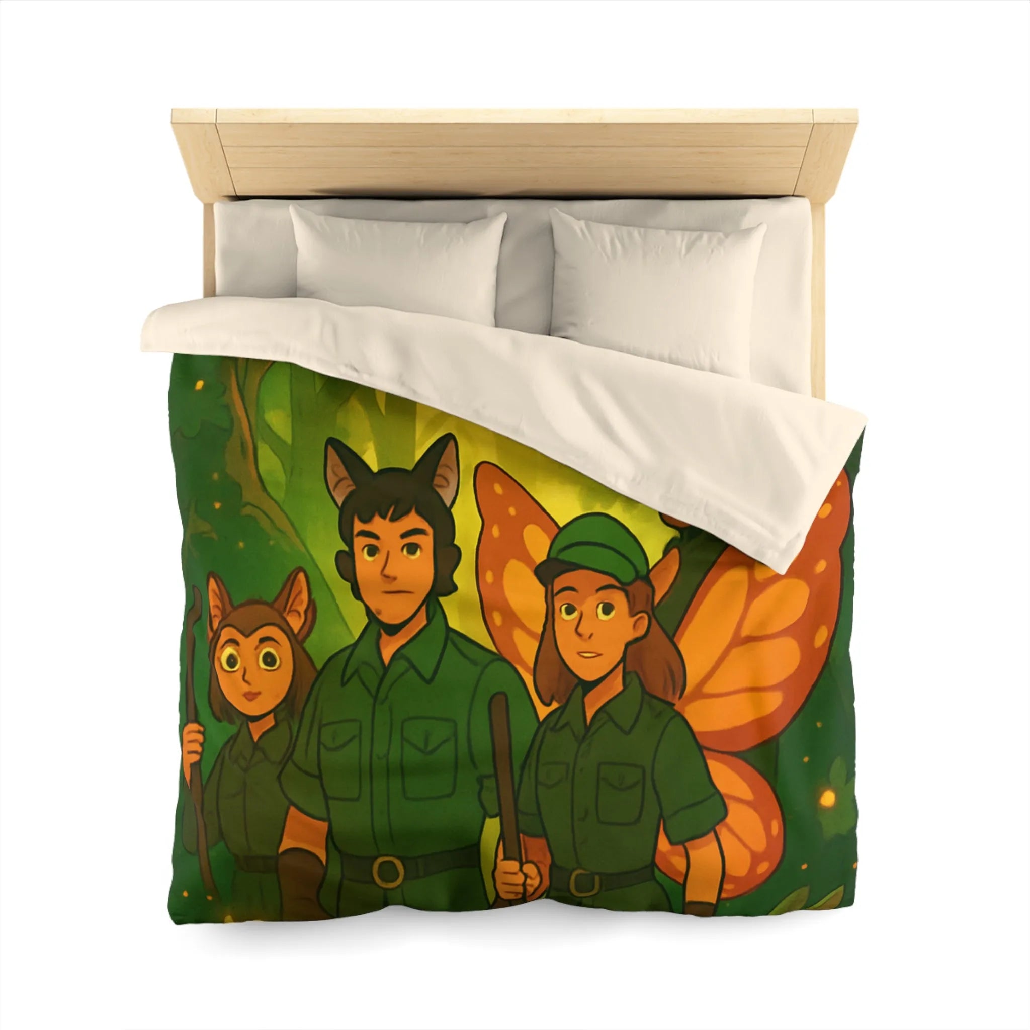 Housse de couette féerique avec gardiens de forêt, animaux magiques, ambiance verte et lumineuse