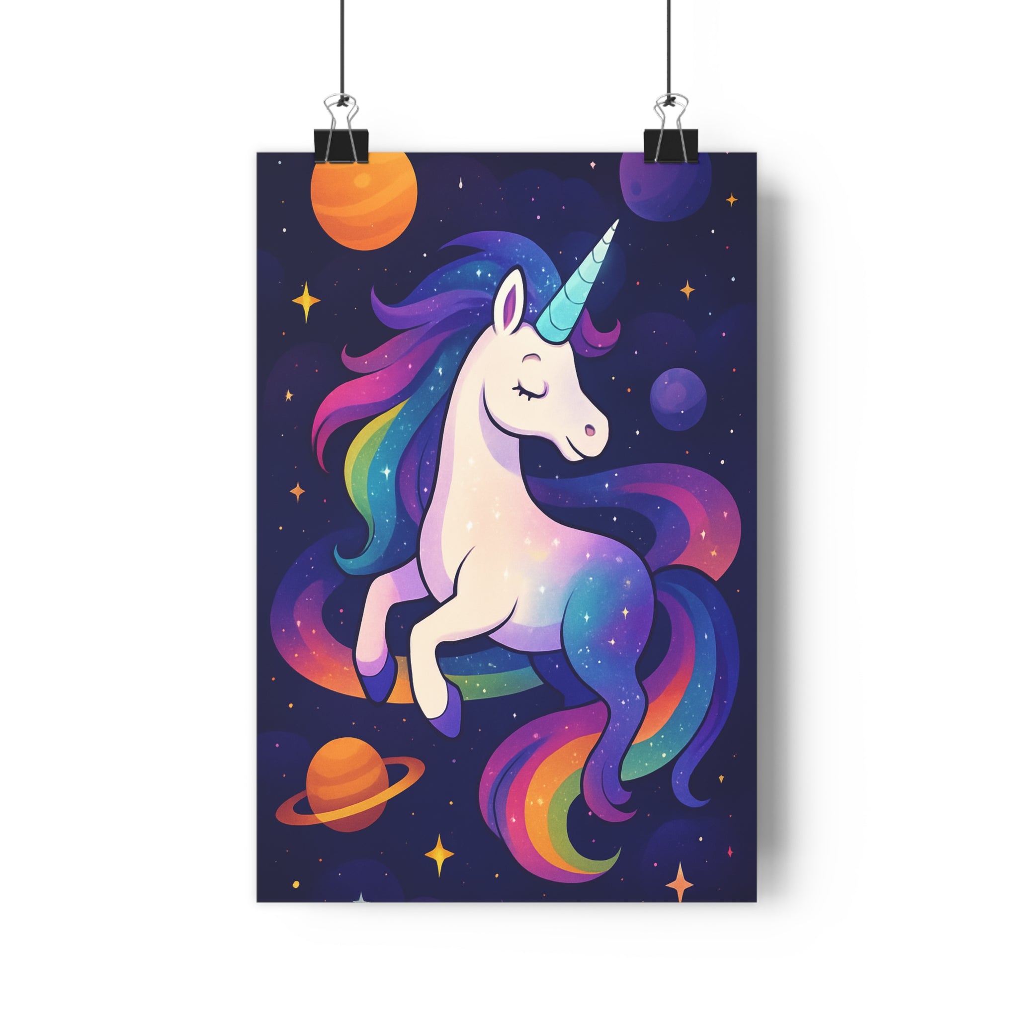 Poster décoratif licorne galactique cartoon futuriste violet bleu rose chambre enfant cosmos magique qualité
