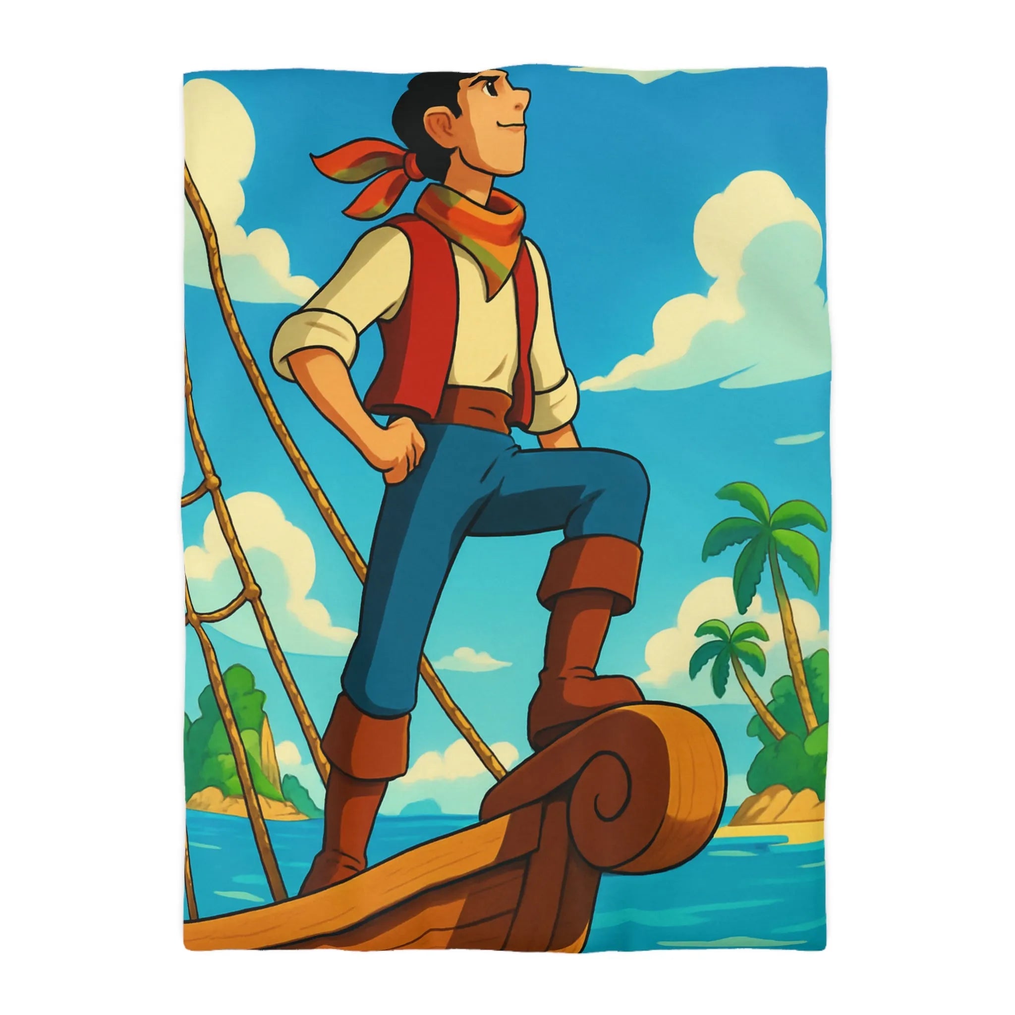 Housse de couette avec illustration de marin aventurier naviguant parmi palmiers et mer azur