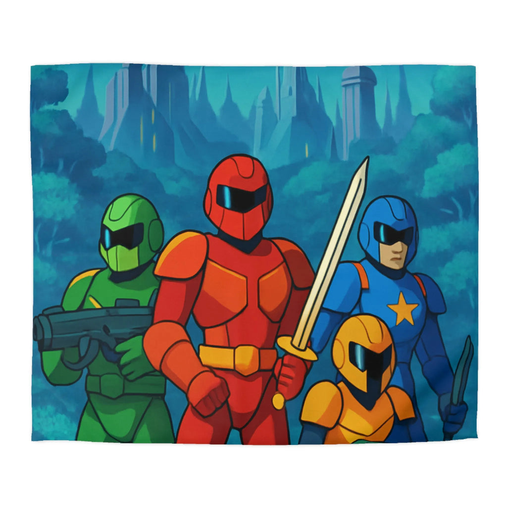 Housse de couette futuriste illustrant héros en armure dans forêt de science-fiction