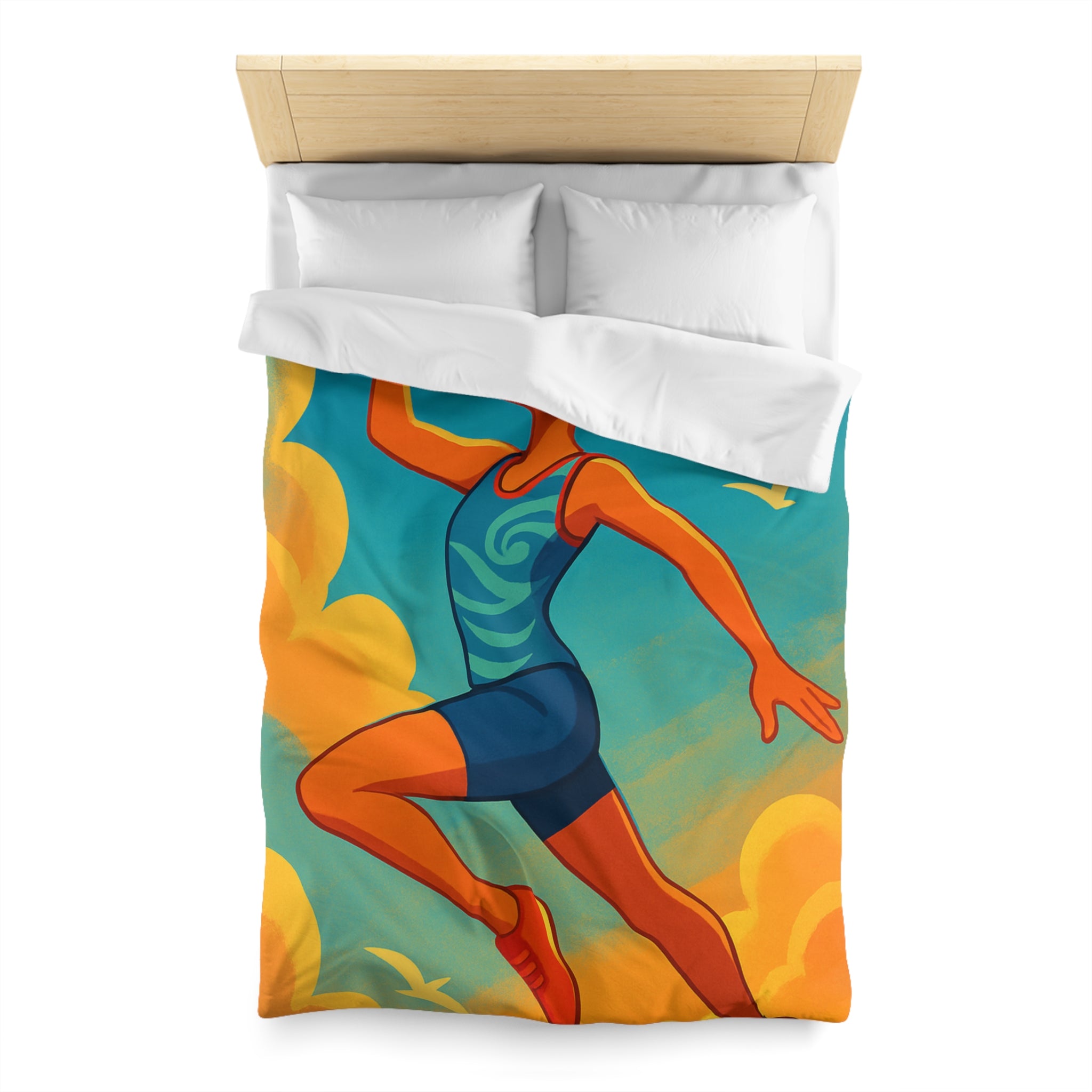 Housse de couette sportive colorée, femme jouant freesbee sous ciel bleu dynamique ultime