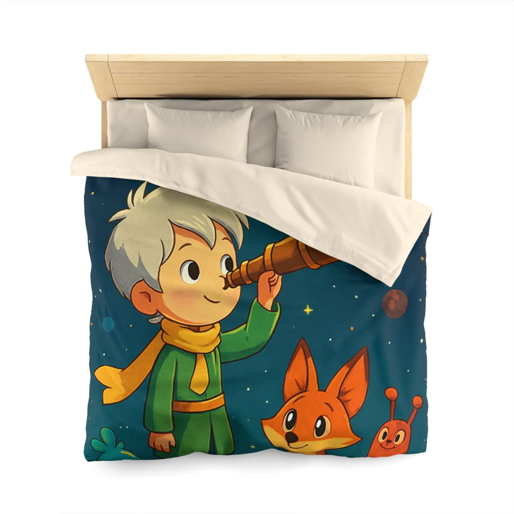 Housse de couette enfant rêveur observant les étoiles avec télescope et animaux adorables
